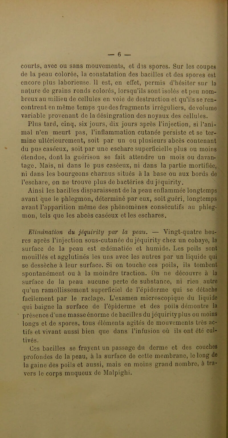 courts, avec ou sans mouvements, et d3s spores. Sur les coupes de la peau colorée, la constatation des bacilles et des spores est encore plus laborieuse. Il est, en effet, permis d’hésiter sur la nature de grains ronds colorés, lorsqu’ils sont isolés et peu nom- breux au milieu de cellules en voie de destruction et qu’ilsse ren- contrent en même temps que des fragments irréguliers, devolume variable provenant de la désingration des noyaux des cellules. Plus tard, cinq, six jours, dix jours après l’injection, si l’ani- mal n’en meurt pas, l’inflammation cutanée persiste et se ter- mine ultérieurement, soit par un ou plusieurs abcès contenant du pus caséeux, soit par une eschare superficielle plus ou moins étendue, dont la guérison se fait attendre un mois ou davan- tage. Mais, ni dans le pus caséeux, ni dans la partie mortifiée, ni dans les bourgeons charnus situés à la base ou aux bords de l’eschare, pn ne trouve plus de bactéries dujéquirity. Ainsi les bacilles disparaissent de la peau enflammée longtemps avant que le phlegmon, déterminé par eux, soit guéri, longtemps avant l’apparition même des phénomènes consécutifs au phleg- mon, tels que les ahcès caséeux et les eschares. Elimination du jéquirity par la peau. — Vingt-quatre heu- res après l’injection sous-cutanée dujéquirity chez un cobaye, la surface de la peau est œdématiée et humide. Les poils sont mouillés et agglutinés les uns avec les autres par un liquide qui se dessèche à leur surface. Si on touche ces poils, ils tombent spontanément ou à la moindre traction. On ne découvre à la surface de la peau aucune perte de substance, ni rien autre qu’un ramollissement superficiel de l’épiderme qui se détache facilement par le raclage. L’examen microscopique du liquide qui baigne la surface de l’épiderme et des poils démontre la présence d’une masseénorme de bacilles du jéquirity plus ou moins longs et de spores, tous éléments agités de mouvements très ac- tifs et vivant aussi bien que dans l’infusion où ils ont été cul- tivés. Ces bacilles se frayent un passage du derme et des couches profondes de la peau, à la surface de cette membrane, le long de la gaine des poils et aussi, mais en moins grand nombre, à tra- vers le corps muqueux de Malpighi.