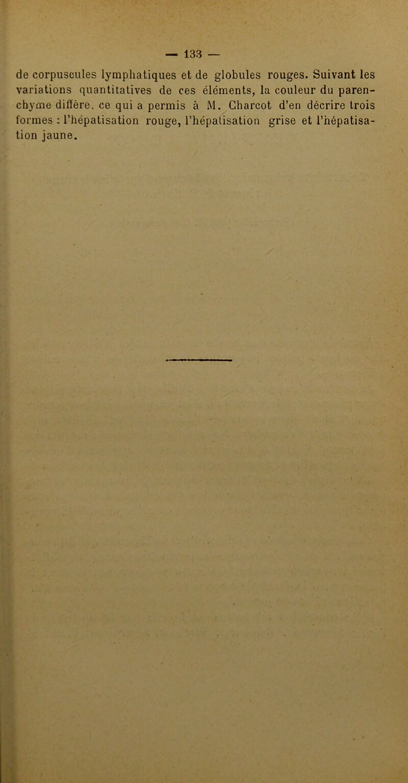 de corpuscules lymphatiques et de globules rouges. Suivant les variations quantitatives de ces éléments, la couleur du paren- chyme diffère. ce qui a permis à M. Charcot d’en décrire trois formes : l’hépatisation rouge, l’hépalisation grise et l’hépatisa- tion jaune.