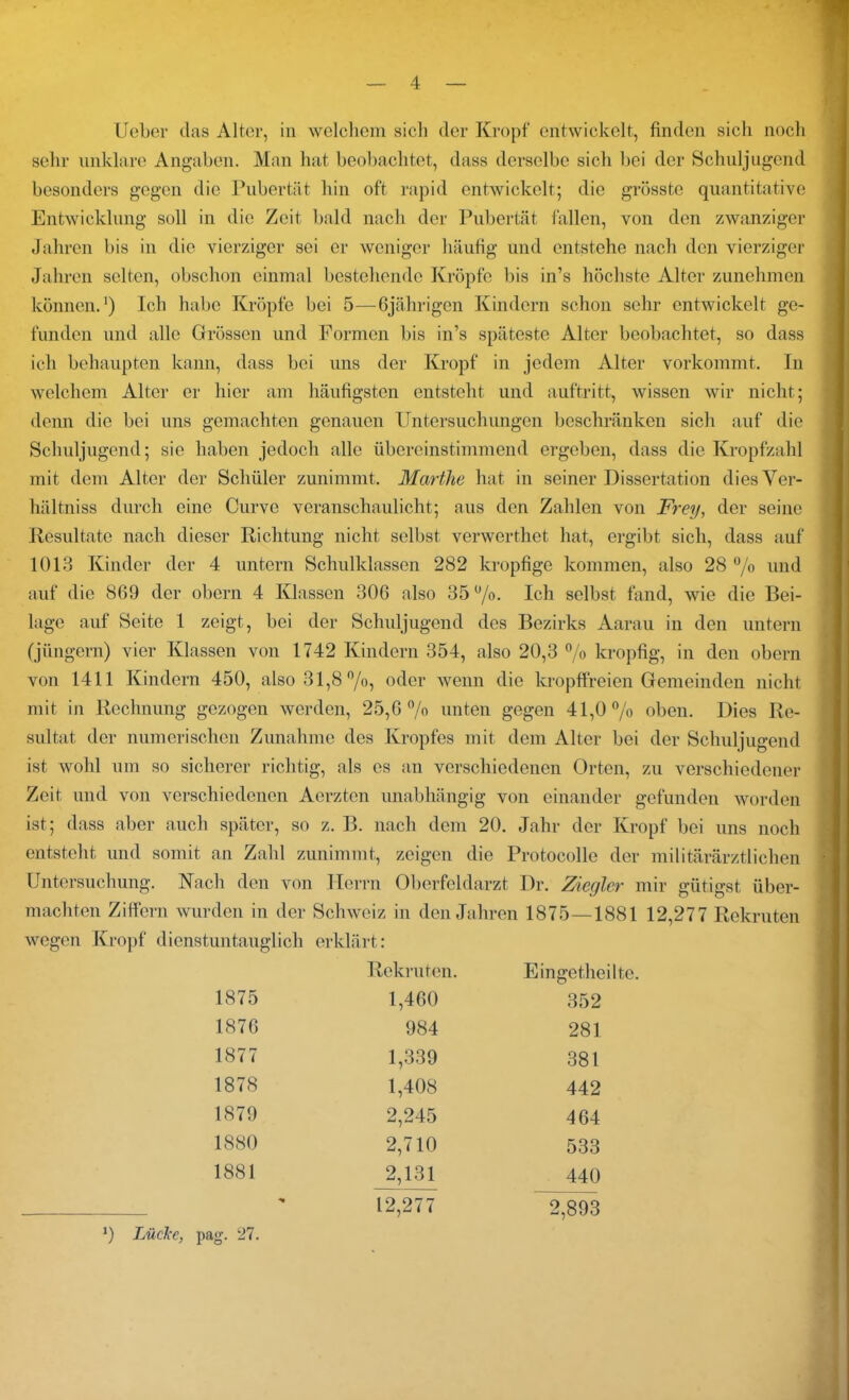 Ueber das Alter, in welchem sicli der Kropf entwickelt, finden sich noch sehr unklare Angaben. Man hat beobachtet, dass derselbe sich bei der Schuljugend besonders gegen die Pubertät hin oft rapid entwickelt; die grösste quantitative Entwicklung soll in die Zeit bald nach der Pubertät fallen, von den zwanziger Jahren bis in die vierziger sei er weniger häufig und entstehe nach den vierziger Jahren selten, obschon einmal bestehende Kröpfe bis in’s höchste Alter zunehmen können.1) Ich habe Kröpfe bei 5—6jährigen Kindern schon sehr entwickelt ge- funden und alle Grössen und Formen bis in’s späteste Alter beobachtet, so dass ich behaupten kann, dass bei uns der Kropf in jedem Alter vorkommt. In welchem Alter er hier am häufigsten entsteht und auftritt, wissen wir nicht; denn die bei uns gemachten genauen Untersuchungen beschränken sich auf die Schuljugend; sie haben jedoch alle übereinstimmend ergeben, dass die Kropfzahl mit dem Alter der Schüler zunimmt. Martlie hat in seiner Dissertation diesVer- hältniss durch eine Curve veranschaulicht; aus den Zahlen von Frey, der seine Resultate nach dieser Richtung nicht selbst verwerthet hat, ergibt sich, dass auf 1013 Kinder der 4 untern Schulklassen 282 kropfige kommen, also 28 % und auf die 869 der obern 4 Klassen 306 also 35 %. Ich selbst fand, wie die Bei- lage auf Seite 1 zeigt, bei der Schuljugend des Bezirks Aarau in den untern (jüngern) vier Klassen von 1742 Kindern 354, also 20,3 % kropfig, in den obern von 1411 Kindern 450, also31,8°/o, oder wenn die kropffreien Gemeinden nicht mit in Rechnung gezogen werden, 25,6% unten gegen 41,0% oben. Dies Re- sultat der numerischen Zunahme des Kropfes mit dem Alter bei der Schuljugend ist wohl um so sicherer richtig, als es an verschiedenen Orten, zu verschiedener Zeit und von verschiedenen Aerzten unabhängig von einander gefunden worden ist; dass aber auch später, so z. B. nach dem 20. Jahr der Kropf bei uns noch entsteht und somit an Zahl zunimmt, zeigen die Protocolle der militärärztlichen Untersuchung. Nach den von Herrn Oberfeldarzt Dr. Ziegler mir gütigst über- machten Ziffern wurden in der Schweiz in den Jahren 1875—1881 12,277 Rekruten wegen Kropf dienstuntauglich erklärt: Rekruten. Eingetheilte. 1875 1,460 352 1876 984 281 1877 1,339 381 1878 1,408 442 1879 2,245 464 1880 2,710 533 1881 2,131 440 12,277 2,893 *) LücJce, pag. 27.