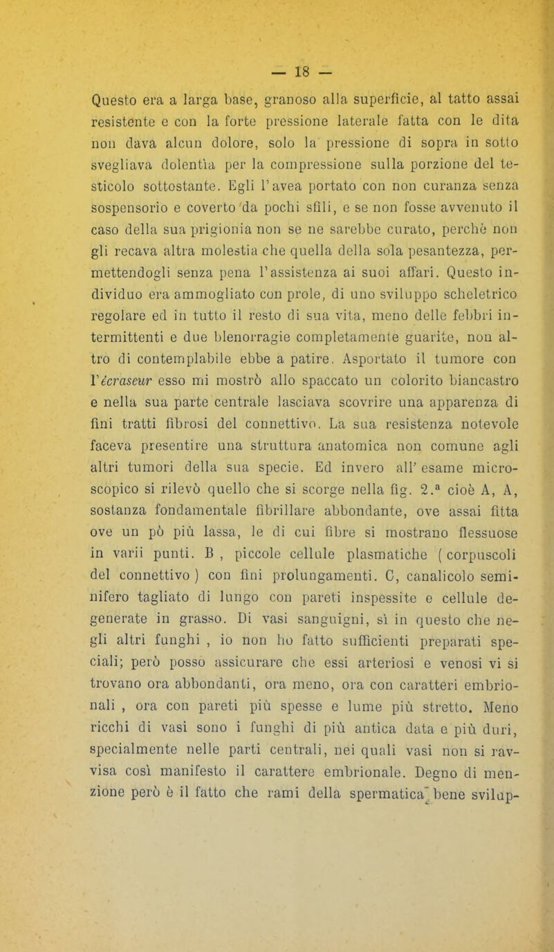 Questo era a larga base, granoso alla superficie, al tatto assai resistente e con la forte pressione laterale fatta con le dita non clava alcun dolore, solo la pressione di sopra in sotto svegliava dolentìa per la compressione sulla porzione del te- sticolo sottostante. Egli l’avea portato con non curanza senza sospensorio e coverto da pochi stili, e se non fosse avvenuto il caso della sua prigionia non se ne sarebbe curato, perchè non gli recava altra molestia che quella della sola pesantezza, per- mettendogli senza pena l’assistenza ai suoi affari. Questo in- dividuo era ammogliato con prole, di uno sviluppo scheletrico regolare ed in tutto il resto di sua vita, meno delle febbri in- termittenti e due blenorragie completamente guarite, non al- tro di contempiabile ebbe a patire. Asportato il tumore con Yécraseur esso mi mostrò allo spaccato un colorito biancastro e nella sua parte centrale lasciava scovrire una apparenza di fini tratti fibrosi del connettivo. La sua resistenza notevole faceva presentire una struttura anatomica non comune agli altri tumori della sua specie. Ed invero alf esame micro- scopico si rilevò quello che si scorge nella fìg. 2.a cioè A, A, sostanza fondamentale fibrillare abbondante, ove assai fitta ove un pò più lassa, le di cui fibre si mostrano flessuose in varii punti. B, piccole cellule piasmatiche (corpuscoli del connettivo) con fini prolungamenti. C, canalicolo semi- nifero tagliato di lungo con pareti inspessite e cellule de- generate in grasso. Di vasi sanguigni, sì in questo che ne- gli altri funghi , io non ho fatto sufficienti preparati spe- ciali; però posso assicurare che essi arteriosi e venosi vi si trovano ora abbondanti, ora meno, ora con caratteri embrio- nali , ora con pareti più spesse e lume più stretto. Meno ricchi di vasi sono i funghi di più antica data e più duri, specialmente nelle parti centrali, nei quali vasi non si 2-av- visa così manifesto il carattere embrionale. Degno di men- zione però è il fatto che rami della spermatica'bene svilup-