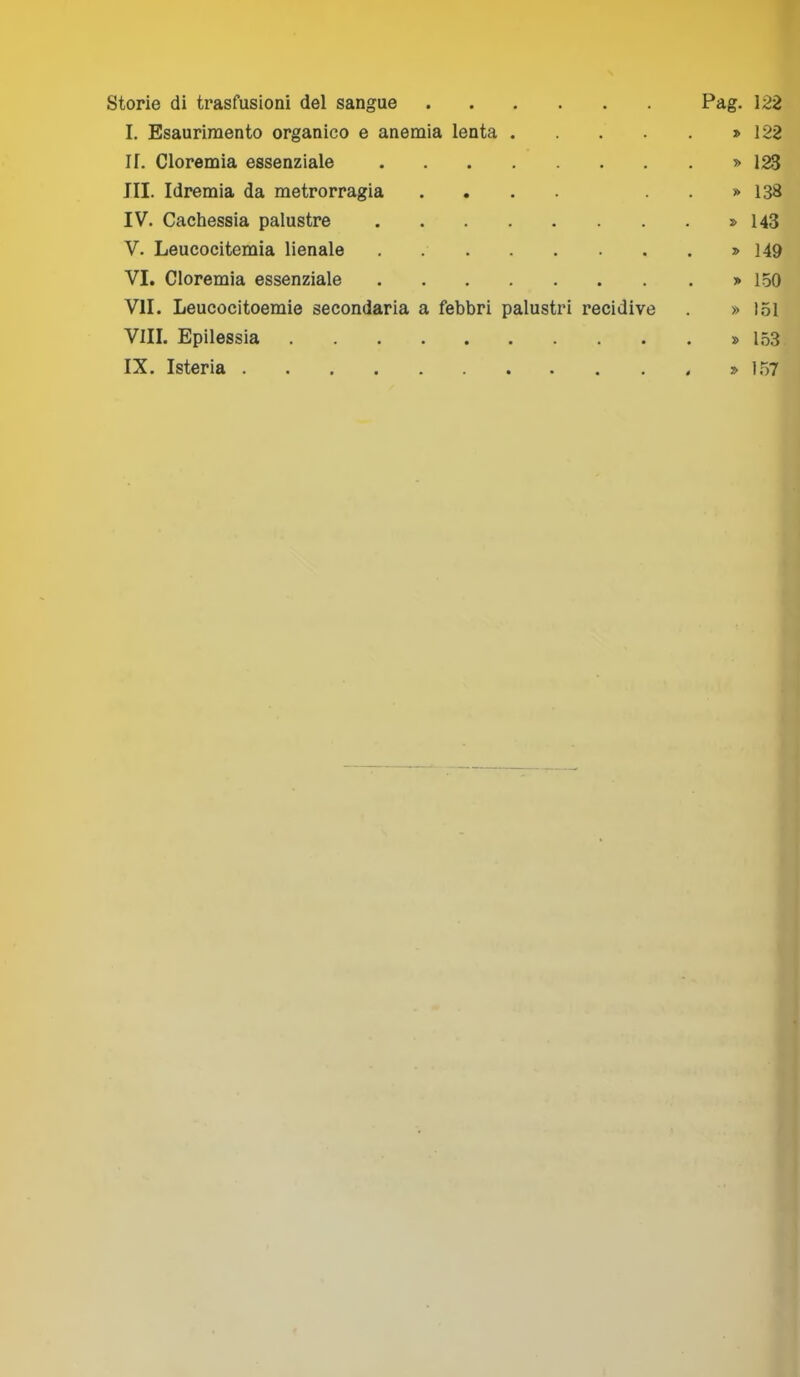 Storie di trasfusioni del sangue Pag. 122 I. Esaurimento organico e anemia lenta » 122 I[. Cloremia essenziale » 123 JII. Idremia da metrorragia .... » 138 IV. Cachessia palustre » 143 V. Leucocitemia Menale » 149 VI. Cloremia essenziale » 150 VII. Leucocitoemie secondaria a febbri palustri recidive . » 151 Vili. Epilessia » 153