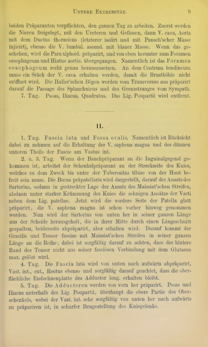 beiden Präparanten verpflichten, den ganzen Tag zu arbeiten. Zuerst werden die Nieren freigelegt, mit den Ureteren und Gefässen, dann Y. cava, Aorta mit dem Ductus tlioracicus (letzterer isolirt und mit Pansch’scher Masse injicirt), ebenso die Y. lumbal, ascend. mit blauer Masse. Wenn das ge- schehen, wird die Pars xiphoid. präparirt, und von oben herunter zum Foramen oesophageum und Hiatus aortic. übergegangen. Namentlich ist das Foramen oesophageum recht genau herauszusetzen. An dem Centrum tendineum muss ein Stück der Y. cava erhalten werden, damit die Brusthöhle nicht eröffnet wird. Die Haller’scheii Bögen werden vom Transversus aus präparirt darauf die Passage des Splanchnicus und des Grenzstranges vom Sympath. 7. Tag. Psoas, Iliacus, Quadratus. Das Lig. Poupartii wird entfernt. II. 1. Tag. Fascia lata und Fossa ovalis. Namentlich ist Rücksicht dabei zu nehmen auf die Erhaltung der Y. saphena magna und des dünnen unteren Theils der Fascie am Vastus int. 2. u. 3. Tag. Wenn der Bauchpräparant an die Inguinalgegend ge- kommen ist, arbeitet der Schenkelpräparant an der Streckseite des Knies, welches zu dem Zweck bis unter der Tuberositas tibiae von der Haut be- freit sein muss. Die Bursa präpatellaris wird dargestellt, darauf der Ansatz des Sartorius, sodann in gestreckter Lage der Ansatz des Maissiat’schen Streifen, alsdann unter starker Krümmung des Knies die sehnigen Ansätze der Vasti neben dem Lig. patellae. Jetzt wird die vordere Seite der Patella glatt präparirt, die Y. saphena magna ist schon vorher hinweg genommen worden. Nun wird der Sartorius von unten her in seiner ganzen Länge aus der Scheide herausgeholt, die in ihrer Mitte durch einen Längsschnitt gespalten, beiderseits abpräparirt, aber erhalten wird. Darauf kommt der Gracilis und Tensor fasciae mit Maissiat’schen Streifen in seiner ganzen Länge an die Reihe; dabei ist sorgfältig darauf zu achten, dass der hintere Rand des Tensor nicht aus seiner fasciösen Verbindung mit dem Glutaeus max. gelöst wird. 4. Tag. Die Fascia lata wird von unten nach aufwärts abpräparirt, Yast. int., ext., Rectus ebenso und sorgfältig darauf geachtet, dass die ober- flächliche Endsehnenplatte des Adductor long. erhalten bleibt. 5. Tag. Die Adductoren werden von vorn her präparirt. Psoas und Iliacus unterhalb des Lig. Poupartii, überhaupt die obere Partie des Ober- schenkels, wobei der Vast. int. sehr sorgfältig von unten her nach aufwärts zu präpariren ist, in scharfer Beugestellung des Kniegelenks.