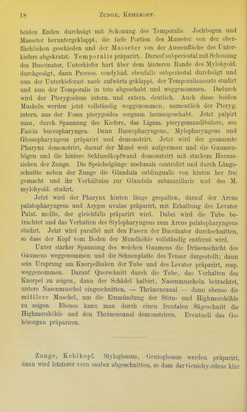 beiden Enden durchsägt mit Schonung des Temporalis. Jochbogen und Masseter heruntergeklappt, die tiefe Portion des Masseter von der ober- flächlichen geschieden und der Masseter von der Aussenfläche des Unter- kiefers abgekratzt. T e m p o r a 1 i s präparirt. Daranf subperiostal mit Schonung des Buccinator, Unterkiefer hart über dem hinteren Rande des Mylohyoid. durchgesägt, dann Process. condyloid. ebenfalls subperiostal durchsägt und nun der Unterkieferast nach aufwärts geklappt, der Temporalisansatz studirt und nun der Temporalis in toto abgeschabt und weggenommen. Dadurch wird der Pterygoideus intern, und extern, deutlich. Auch diese beiden Muskeln werden jetzt vollständig weggenommen, namentlich der Ptervg. intern, aus der Possa pterygoidea sorgsam herausgeschabt. Jetzt palpirt man, durch Spannung des Kiefers, das Ligam. pterygomandibulare, seu Eascia buccopharyngea. Dann Buccopharyngeus, Mylopharyngeus und Glossopharyngeus präparirt und demonstrirt. Jetzt wird der gesammte Pharynx demonstrirt, darauf der Mund weit aufgerissen und die Gaumen- bögen und die hintere Schlundkopfwand demonstrirt mit starkem Heraus- ziehen der Zunge. Die Speichelgänge nochmals controlirt und durch Längs- schnitte neben der Zunge die Glandula sublingualis von hinten her frei gemacht und ihr Verhältniss zur Glandula submaxillaris und des M. mylohyoid. studirt. Jetzt wird der Pharynx hinten längs gespalten, darauf der Arcus palatopharyngeus und Azygos uvulae präparirt, mit Erhaltung des Levator Palat. mollis, der gleichfalls präparirt wird. Dabei wird die Tube be- trachtet und das Verhalten des Stylopharyngeus zum Arcus palatopharyngeus studirt. Jetzt wird parallel mit den Fasern der Buccinator durchschnitten, so dass der Kopf vom Boden der Mundhöhle vollständig entfernt wird. Unter starker Spannung des weichen Gaumens die Drüsenschicht des Gaumens weggenommen und die Sehnenplatte des Tensor dargestellt; dann sein Ursprung am Knorpelhaken der Tube und des Levator präparirt, resp. weggenommen. Darauf Querschnitt durch die Tube, das Verhalten des Knorpel zu zeigen, dann der Schädel halbirt, Nasemnuscheln betrachtet, untere Nasenmuschel eingeschnitten, — Thränencanal — dann ebenso die mittlere Muschel, um die Einmündung der Stirn- und Higlnnorshöhle zu zeigen. Ebenso kann man durch einen frontalen Sägeschnitt die Highmorshöhle und den Thränencanal demonstriren. Eventuell das Ge- hörorgan präpariren. Zunge, Kehlkopf. Styloglossus, Genioglossus werden präparirt, dann wird letzterer vorn sauber abgeschnitten, so dass der Geniohyoideus klar