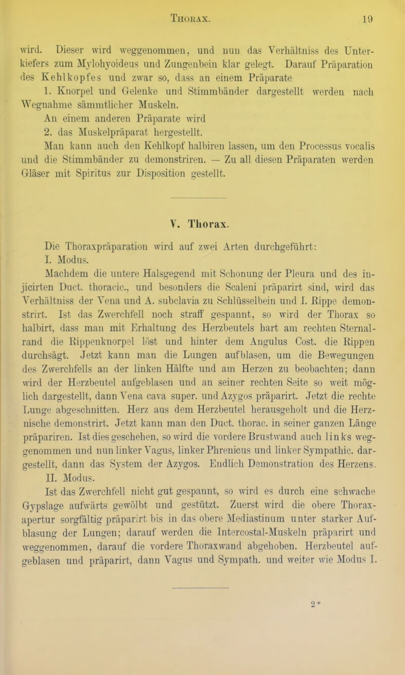 wird. Dieser wird weggenommen, lind nun das Verhältniss des Unter- kiefers zum Mylohyoideus und Zungenbein klar gelegt. Darauf Präparation des Kehlkopfes und zwar so, dass au einem Präparate 1. Knorpel und Gelenke und Stimmbänder dargestellt werden nach Wegnahme sämmtlicher Muskeln. An einem anderen Präparate wird 2. das Muskelpräparat hergestellt. Man kann auch den Kehlkopf halbiren lassen, um den Processus vocalis und die Stimmbänder zu demonstriren. — Zu all diesen Präparaten werden Gläser mit Spiritus zur Disposition gestellt. V. Thorax. Die Thoraxpräparation wird auf zwei Arten durchgeführt: I. Modus. Maclidem die untere Halsgegend mit Schonung der Pleura und des in- jicirten Duct. thoracic., und besonders die Scaleni präparirt sind, wird das Verhältniss der Vena und A. subclavia zu Schlüsselbein und I. Rippe demon- strirt. Ist das Zwerchfell noch straff gespannt, so wird der Thorax so halbirt, dass man mit Erhaltung des Herzbeutels hart am rechten Sfcernal- rand die Rippenknorpel löst und hinter dem Angulus Cost. die Rippen durchsägt. Jetzt kann man die Lungen aufblasen, um die Bewegungen des Zwerchfells an der linken Hälfte und am Herzen zu beobachten; dann wird der Herzbeutel aufgeblasen und an seiner rechten Seite so weit mög- lich dargestellt, daun Vena cava super, und Azygos präparirt. Jetzt die rechte Lunge abgeschnitten. Herz aus dem Herzbeutel herausgeholt und die Herz- nische demonstrirt. Jetzt kann man den Duct. thorac. in seiner ganzen Länge präpariren. Ist dies geschehen, so wird die vordere Brustwand auch links weg- genommen und nun linker Vagus, linker Phrenicus und linker Sympathie, dar- gestellt, dann das System der Azygos. Endlich Demonstration des Herzens. II. Modus. Ist das Zwerchfell nicht gut gespannt, so wird es durch eine schwache Gypslage aufwärts gewölbt und gestützt. Zuerst wird die obere Thorax- apertur sorgfältig präparirt bis in das obere Mediastinum unter starker Auf- blasung der Lungen; darauf werden die Intercostal-Muskeln präparirt und weggenommen, darauf die vordere Thoraxwand abgehoben. Herzbeutel auf- geblasen und präparirt, dann Vagus und Sympath. und weiter wie Modus I. 2*