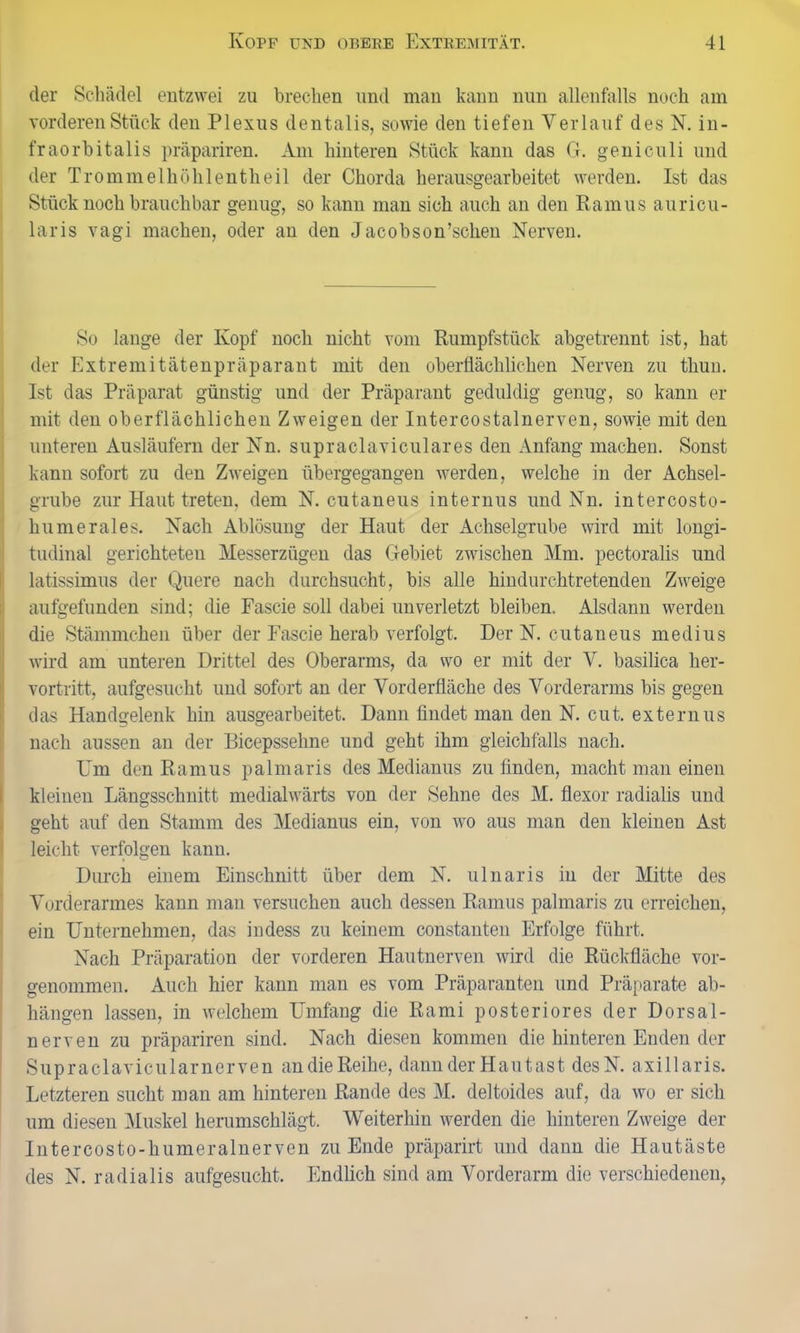 der Schädel entzwei zu brechen und man kann nun allenfalls noch am vorderen Stück den Plexus dentalis, sowie den tiefen Verlauf des N. in- fraorbitalis präpariren. Am hinteren Stück kann das G. geniculi und der Trommelhöhlentheil der Chorda herausgearbeitet werden. Ist das Stück noch brauchbar genug, so kann man sich auch an den Ramus auricu- laris vagi machen, oder an den Jacobson’schen Nerven. So lange der Kopf noch nicht vom Rumpfstück abgetrennt ist, hat der Extremitätenpräparant mit den oberflächlichen Nerven zu thun. Ist das Präparat günstig und der Präparant geduldig genug, so kann er mit den oberflächlichen Zweigen der Intercostalnerven, sowie mit den unteren Ausläufern der Nn. supraclaviculares den Anfang machen. Sonst kann sofort zu den Zweigen übergegangen werden, welche in der Achsel- grube zur Haut treten, dem N. cutaneus internus und Nn. intercosto- humerales. Nach Ablösung der Haut der Achselgrube wird mit longi- tudinal gerichteten Messerzügen das Gebiet zwischen Mm. pectoralis und latissimus der Quere nach durchsucht, bis alle hindurchtretenden Zweige aufgefunden sind; die Fascie soll dabei unverletzt bleiben. Alsdann werden die Stämmchen über der Fascie herab verfolgt. Der N. cutaneus medius wird am unteren Drittel des Oberarms, da wo er mit der V. basilica her- vortritt, aufgesucht und sofort an der Vorderfläche des Vorderarms bis gegen das Handgelenk hin ausgearbeitet. Dann findet man den N. cut. externus nach aussen an der Bicepssehne und geht ihm gleichfalls nach. Um den Ramus palmaris des Medianus zu finden, macht man einen kleinen Längsschnitt medialwärts von der Sehne des M. flexor radialis und geht auf den Stamm des Medianus ein, von wo aus man den kleinen Ast leicht verfolgen kann. Durch einem Einschnitt über dem N. ulnaris in der Mitte des Vorderarmes kann man versuchen auch dessen Ramus palmaris zu erreichen, ein Unternehmen, das indess zu keinem constanten Erfolge führt. Nach Präparation der vorderen Hautnerven wird die Rückfläche vor- genommen. Auch hier kann man es vom Präparanten und Präparate ab- hängen lassen, in welchem Umfang die Rami posteriores der Dorsal- nerven zu präpariren sind. Nach diesen kommen die hinteren Enden der Supraclavicularnerven an die Reihe, daun der Hautast desN. axillaris. Letzteren sucht man am hinteren Rande des M. deltoides auf, da wo er sich um diesen Muskel herumschlägt. Weiterhin werden die hinteren Zweige der Intercosto-humeralnerven zu Ende präparirt und dann die Hautäste des N. radialis aufgesucht. Endlich sind am Vorderarm die verschiedenen,