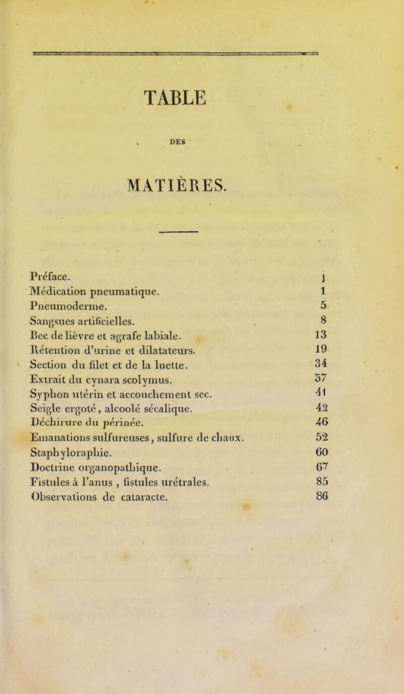 TABLE DES MATIÈRES. Préface. j Médication pneumatique. 1 Pneumoderme. 5 Sangsues artificielles. 8 Bec de lièvre et agrafe labiale. 13 Rétention d’urine et dilatateurs. 19 Section du filet et de la luette. 34 Extrait du cynara scolymus. 37 Syplion utérin et accouchement sec. 41 Seigle ergoté, alcoolé sécalique. 42 Déchirure du périnée. 46 Emanations sulfureuses, sulfure de chaux. 52 Staphylorapliie. 60 Doctrine organopatliique. 67 Fistules à l’anus , fistules urétrales. 85 Observations de cataracte. 86 . 1 /