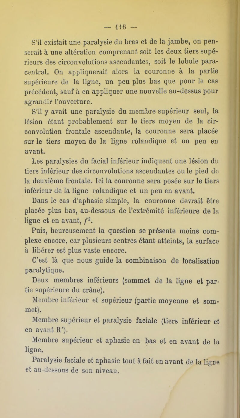 — MH S’il existait une paralysie du bras et de la jambe, on pen- serait à une altération comprenant soit les deux tiers supé- rieurs des circonvolutions ascendantes, soit le lobule para- central. On appliquerait alors la couronne à la partie supérieure de la ligne, un peu plus bas que pour le cas précédent, sauf à en appliquer une nouvelle au-dessus pour agrandir l’ouverture. S’il y avait une paralysie du membre supérieur seul, la lésion étant probablement sur le tiers moyen de la cir- convolution frontale ascendante, la couronne sera placée sur le tiers moyen de la ligne rolandique et un peu en avant. Les paralysies du facial inférieur indiquent une lésion du tiers inférieur des circonvolutions ascendantes ou le pied de la deuxième frontale. Ici la couronne sera posée sur le tiers inférieur de la ligne rolandique et un peu en avant. Dans le cas d’aphasie simple, la couronne devrait être placée plus bas, au-dessous de l’extrémité inférieure de la ligne et en avant, f3. Puis, heureusement la question se présente moins com- plexe encore, car plusieurs centres étant atteints, la surface à libérer est plus vaste encore. C’est là que nous guide la combinaison de localisation paralytique. Deux membres inférieurs (sommet de la ligne et par- tie supérieure du crâne). Membre inférieur et supérieur (partie moyenne et som- met). Membre supérieur et paralysie faciale (tiers inférieur et en avant R’). Membre supérieur et aphasie en bas et en avant de la ligne. Paralysie faciale et aphasie tout à fait en avant de la ligDe et au-dessous de son niveau.