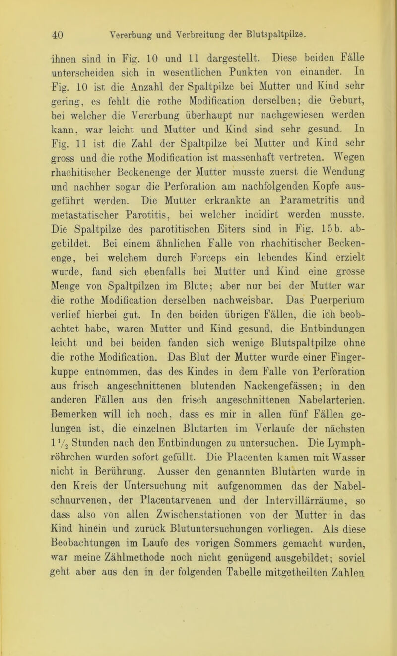 ihnen sind in Fig. 10 und 11 dargestellt. Diese beiden Fälle unterscheiden sich in wesentlichen Punkten von einander. In Fig. 10 ist die Anzahl der Spaltpilze bei Mutter und Kind sehr gering, es fehlt die rothc Modification derselben; die Geburt, bei welcher die Vererbung überhaupt nur nachgewiesen werden kann, war leicht und Mutter und Kind sind sehr gesund. In Fig. 11 ist die Zahl der Spaltpilze bei Mutter und Kind sehr gross und die rothe Modification ist massenhaft vertreten. Wegen rhachitischer Beckenenge der Mutter musste zuerst die Wendung und nachher sogar die Perforation am nachfolgenden Kopfe aus- geführt werden. Die Mutter erkrankte an Parametritis und metastatischer Parotitis, bei welcher incidirt werden musste. Die Spaltpilze des parotitischen Eiters sind in Fig. 15 b. ab- gebildet. Bei einem ähnlichen Falle von rhachitischer Becken- enge, bei welchem durch Forceps ein lebendes Kind erzielt wurde, fand sich ebenfalls bei Mutter und Kind eine grosse Menge von Spaltpilzen im Blute; aber nur bei der Mutter war die rothe Modification derselben nachweisbar. Das Puerperium verlief hierbei gut. In den beiden übrigen Fällen, die ich beob- achtet habe, waren Mutter und Kind gesund, die Entbindungen leicht und bei beiden fanden sich wenige Blutspaltpilze ohne die rothe Modification. Das Blut der Mutter wurde einer Finger- kuppe entnommen, das des Kindes in dem Falle von Perforation aus frisch angeschnittenen blutenden Nackengefässen; in den anderen Fällen aus den frisch angeschnittenen Nabelarterien. Bemerken will ich noch, dass es mir in allen fünf Fällen ge- lungen ist, die einzelnen Blutarten im Verlaufe der nächsten 1V2 Stunden nach den Entbindungen zu untersuchen. Die Lymph- röhrchen wurden sofort gefüllt. Die Placenten kamen mit Wasser nicht in Berührung. Ausser den genannten Blutarten wurde in den Kreis der Untersuchung mit aufgenommen das der Nabel- schnurvenen, der Placentarvenen und der Intervillärräume, so dass also von allen Zwischenstationen von der Mutter in das Kind hinein und zurück Blutuntersuchungen vorliegen. Als diese Beobachtungen im Laufe des vorigen Sommers gemacht wurden, war meine Zählmethode noch nicht genügend ausgebildet; soviel geht aber aus den in der folgenden Tabelle raitgetheilten Zahlen