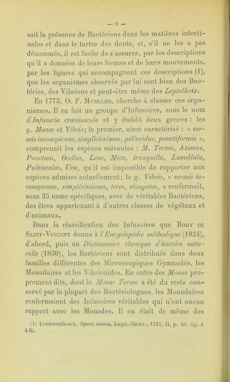 sait la présence de Bactériens dans les matières intesti- nales et dans le tartre des dents, et, s’il ne les a pas dénommés, il est facile de s'assurer, par les descriptions qu il a données de leurs formes et de leurs mouvements, par les figures qui accompagnent ces descriptions (1), que les organismes observés par lui sont bien des Bac- téries, des Vibrions et peut-être même des Leptolhrix. En 1773, O. F. Mueller, cherche à classer ces orga- nismes. Il en fait un groupe d’infusoires, sous le nom d'Infusoria crassiascula et y établit deux genres : les q. Monas et Vibrio\ le premier, ainsi caractérisé : « ver- mis inconspicuus, simplicissimus, pel/ucidus, punctiformis », comprenait les espèces suivantes : 31. Termo, Atomus, Punctum, Ocellus, Lens, Mica, tranquilla, Laméllula, Pulvisculus, Um, qu’il est impossible de rapporter aux espèces admises actuellement; le g. Vibrio, « vermis in- conspicuus, simplicissimus, ter es, e long (dus, » renfermait, sous 35 noms spécifiques, avec de véritables Bactériens, des êtres appartenant à d’autres classes de végétaux et d’animaux. Dans la classification des Infusoires que Bory de Saint-Vincent donna à Y Encyclopédie méthodique (1824), d’abord, puis au Dictionnaire classique cïhistoire natu- relle (1830), les Bactériens sont distribués dans deux familles différentes des Microscopiques Gymnodés, les Monadaires et les Vibrionides. En outre des 3Ionas pro- prement dits, dont le Monas Termo a été du reste con- servé par la plupart des Bactériologues, les Monadaires renfermaient des Infusoires véritables qui n’ont aucun rapport avec les Monades. Il en était de même des (I) Leeuwenhoeck. Opéra omnia, Lugd.-Batav., 172'.’, II. p. 40, üg. A àG.