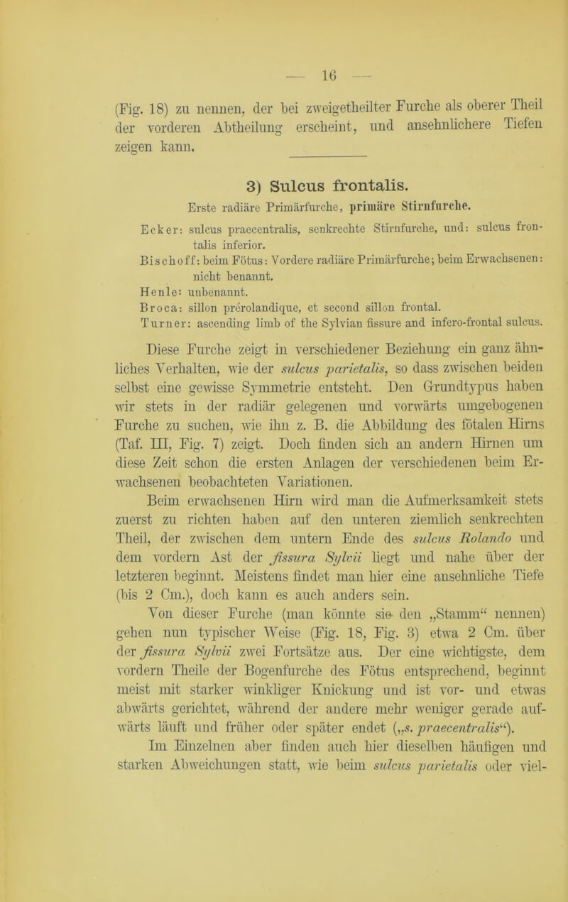 (Fig. 18) zu nennen, der bei zweigeteilter Furche als oberer Theil der vorderen Abtheilung erscheint, und ansehnlichere Tiefen zeigen kann. 3) Sulcus frontalis. Erste radiäre Primärfurche, primäre Stirnfurclie. Ecker: sulcus praecentralis, senkrechte Stirnfurche, und: sulcus fron- talis inferior. Bi sch off: beim Fötus: Vordere radiäre Primärfurche; beim Erwachsenen: nicht benannt. He nie: unbenannt. Broca: sillon prerolandique, et second sillon frontal. Turner: ascending limb of the Sylviau fissure and infero-frontal sulcus. Diese Furche zeigt in verschiedener Beziehung ein ganz ähn- liches Verhalten, wie der sulcus parietalis, so dass zwischen beiden selbst eine gewisse Symmetrie entsteht. Den Grundtypus haben wir stets in der radiär gelegenen und vorwärts umgebogenen Furche zu suchen, wie ihn z. B. die Abbildung des fötalen Hirns (Taf. III, Fig. 7) zeigt. Doch finden sich an andern Hirnen um diese Zeit schon die ersten Anlagen der verschiedenen beim Er- wachsenen beobachteten Variationen. Beim erwachsenen Hirn wird man die Aufmerksamkeit stets zuerst zu richten haben auf den unteren ziemlich senkrechten Theil, der zwischen dem untern Ende des sulcus Rolando und dem vordem Ast der Jissura Sylvii liegt und nahe über der letzteren beginnt. Meistens findet man hier eine ansehnliche Tiefe (bis 2 Cm.), doch kann es auch anders sein. Von dieser Furche (man könnte sie- den „Stamm“ nennen) gehen nun typischer Weise (Fig. 18, Fig. 3) etwa 2 Cm. über der Jissura Sylvii zwei Fortsätze aus. Der eine wichtigste, dem vordem Theile der Bogenfurche des Fötus entsprechend, beginnt meist mit starker winkliger Knickung und ist vor- und etwas abwärts gerichtet, während der andere mehr weniger gerade auf- wärts läuft und früher oder später endet („s. praecentralis''). Im Einzelnen aber finden auch hier dieselben häufigen und starken Abweichungen statt, wie beim sulcus parietalis oder viel-