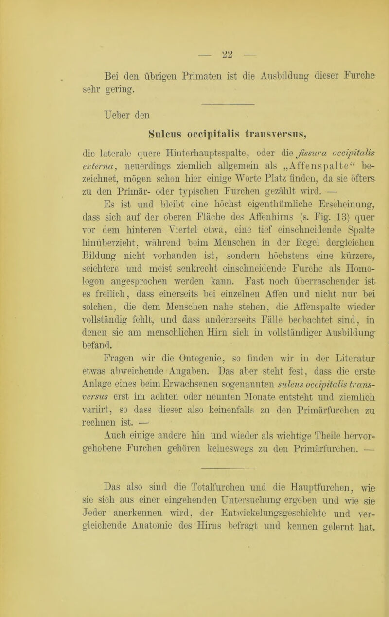 Bei den übrigen Primaten ist die Ausbildung dieser Furche sehr gering. lieber den Sulcus occipitalis trausversus, die laterale quere Hinterhauptsspalte, oder die fissura occipitalis externa, neuerdings ziemlich allgemein als „Affenspalte“ be- zeichnet, mögen schon hier einige Worte Platz finden, da sie öfters- zu den Primär- oder typischen Furchen gezählt wird. — Es ist und bleibt eine höchst eigenthümliche Erscheinung, dass sich auf der oberen Fläche des Affenhirns (s. Fig. 13) quer vor dem hinteren Viertel etwa, eine tief einschneidende Spalte hinüberzieht, während beim Menschen in der Kegel dergleichen Bildung nicht vorhanden ist, sondern höchstens eine kürzere, seichtere und meist senkrecht einschneidende Furche als Homo- logen angesprochen werden kann. Fast noch überraschender ist es freilich, dass einerseits bei einzelnen Affen und nicht nur bei solchen, die dem Menschen nahe stehen, die Affenspalte wieder vollständig fehlt, und dass andererseits Fälle beobachtet sind, in denen sie am menschlichen Hirn sich in vollständiger Ausbildung befand. Fragen wir die Ontogenie, so finden wir in der Literatur etwas abweichende Angaben. Das aber steht fest, dass die erste Anlage eines beim Erwachsenen sogenannten sulcus occipitalis trans- versus erst im achten oder neunten Monate entsteht und ziemlich variirt, so dass dieser also keinenfalls zu den Primärfurchen zu rechnen ist. — Auch einige andere hin und wieder als wichtige Theile hervor- gehobene Furchen gehören keineswegs zu den Primärfurchen. — Das also sind die Totalfurchen und die Hauptfurchen, wie sie sich aus einer eingehenden Untersuchung ergeben und wie sie Jeder anerkennen wird, der Entwickelungsgeschickte und ver- gleichende Anatomie des Hirns befragt und kennen gelernt hat.