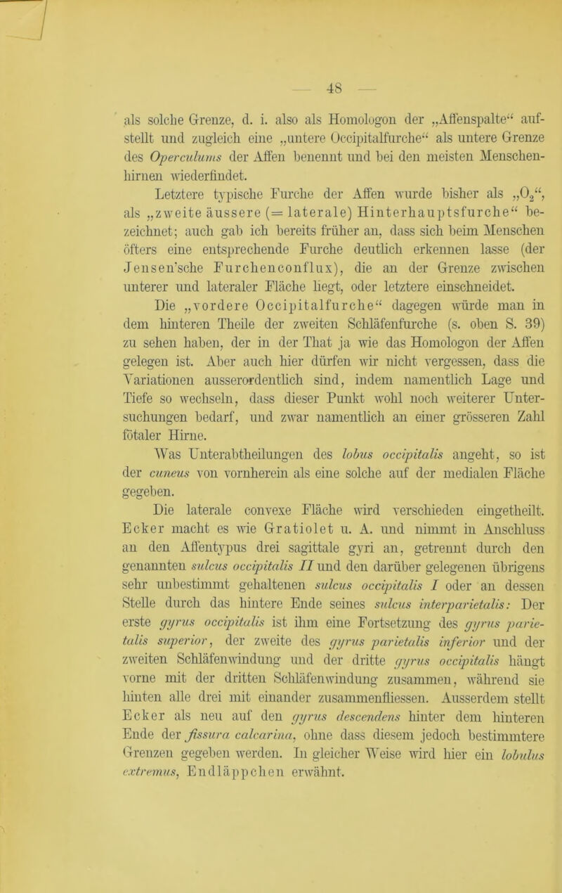 als solche Grenze, d. i. also als Homologon der „Affenspalte“ auf- stellt und zugleich eine „untere Occipitalfurche“ als untere Grenze des Operculums der Allen benennt und hei den meisten Menschen- hirnen wiederfindet. Letztere typische Furche der Affen wurde bisher als „02“, als „zweite äussere (= laterale) Hinterhauptsfurche“ be- zeichnet; auch gab ich bereits früher an, dass sich beim Menschen öfters eine entsprechende Furche deutlich erkennen lasse (der Jensensche Furchenconflux), die an der Grenze zwischen unterer und lateraler Fläche liegt, oder letztere einschneidet. Die „vordere Occipitalfurche“ dagegen würde man in dem hinteren Theile der zweiten Schläfenfurche (s. oben S. 39) zu sehen haben, der in der That ja wie das Homologon der Affen gelegen ist. Aber auch hier dürfen wir nicht vergessen, dass die Variationen ausserordentlich sind, indem namentlich Lage und Tiefe so wechseln, dass dieser Punkt wohl noch weiterer Unter- suchungen bedarf, und zwar namentlich an einer grösseren Zahl fötaler Hirne. Was Unterabtheilungen des lobus occipitalis angeht, so ist der cuneus von vornherein als eine solche auf der medialen Fläche gegeben. Die laterale convexe Fläche wird verschieden eingetheilt. Ecker macht es Arie Gratiolet u. A. und nimmt in Anschluss an den Affentypus drei sagittale gyri an, getrennt durch den genannten sulcus occipitalis II und den darüber gelegenen übrigens sehr unbestimmt gehaltenen sulcus occipitalis I oder an dessen Stelle durch das hintere Ende seines sulcus interparietalis: Der erste gyrus occipitalis ist ihm eine Fortsetzung des gyrus parie- tulis superior, der zweite des gyrus parietalis inferior und der zweiten Schläfemvindung und der dritte gyrus occipitalis hängt vorne mit der dritten Schläfenwindung zusammen, Avährend sie hinten alle drei mit einander zusammenfliessen. Ausserdem stellt Ecker als neu auf den gyrus descendens hinter dem hinteren Ende der fissura calcarina, ohne dass diesem jedoch bestimmtere. Grenzen gegeben Averden. In gleicher Weise Avird hier ein lobulus extremus, Endläppchen erwähnt.