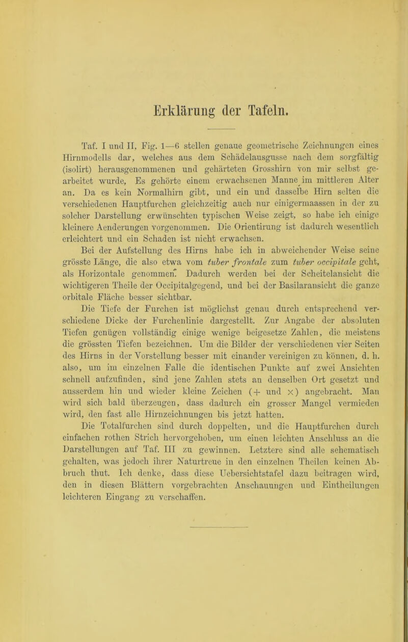 Erklärung der Tafeln. Taf. I und II, Fig. 1—6 stellen genaue geometrische Zeichnungen eines Hirnmodells dar, welches aus dem Schädelausgusse nach dem sorgfältig (isolirt) herausgenommenen und gehärteten Grosshirn von mir selbst ge- arbeitet wurde. Es gehörte einem erwachsenen Manne, im mittleren Alter an. Da es kein Normalhirn gibt, und ein und dasselbe Hirn selten die verschiedenen Hauptfurchen gleichzeitig auch nur einigermaassen in der zu solcher Darstellung erwünschten typischen Weise zeigt, so habe ich einige kleinere Aenderungen vorgenommen. Die Orientirung ist dadurch wesentlich erleichtert und ein Schaden ist nicht erwachsen. Bei der Aufstellung des Hirns habe ich in abweichender Weise seine grösste Länge, die also etwa vom tuher frontale zum tuher occipilale geht, als Horizontale genommen* Dadurch werden bei der Scheitelansicht die wichtigeren Theile der Occipitalgegend, und bei der Basilaransicht die ganze orbitale Fläche besser sichtbar. Die Tiefe der Furchen ist möglichst genau durch entsprechend ver- schiedene Dicke der Furchenlinie dargestellt. Zur Angabe der absoluten Tiefen genügen vollständig einige wenige beigesetze Zahlen, die meistens die grössten Tiefen bezeichnen. Um die Bilder der verschiedenen vier Seiten des Hirns in der Vorstellung besser mit einander vereinigen zu können, d. h. also, um im einzelnen Falle die identischen Punkte auf zwei Ansichten schnell aufzufinden, sind jene Zahlen stets an denselben Ort gesetzt und ausserdem hin und wieder kleine Zeichen (+ und x) angebracht. Man wird sich bald überzeugen, dass dadurch ein grosser Mangel vermieden wird, den fast alle Hirnzeichuungen bis jetzt hatten. Die Totalfurchen sind durch doppelten, und die Hauptfurchen durch einfachen rothen Strich hervorgehoben, um einen leichten Anschluss an die Darstellungen auf Taf. III zu gewinnen. Letztere sind alle sehematisch gehalten, was jedoch ihrer Naturtreue in den einzelnen Theilen keinen Ab- bruch thut. Ich denke, dass diese Uebersichtstafel dazu beitragen wird, den in diesen Blättern vorgebrachten Anschauungen und Eintheilungcn leichteren Eingang zu verschaffen.