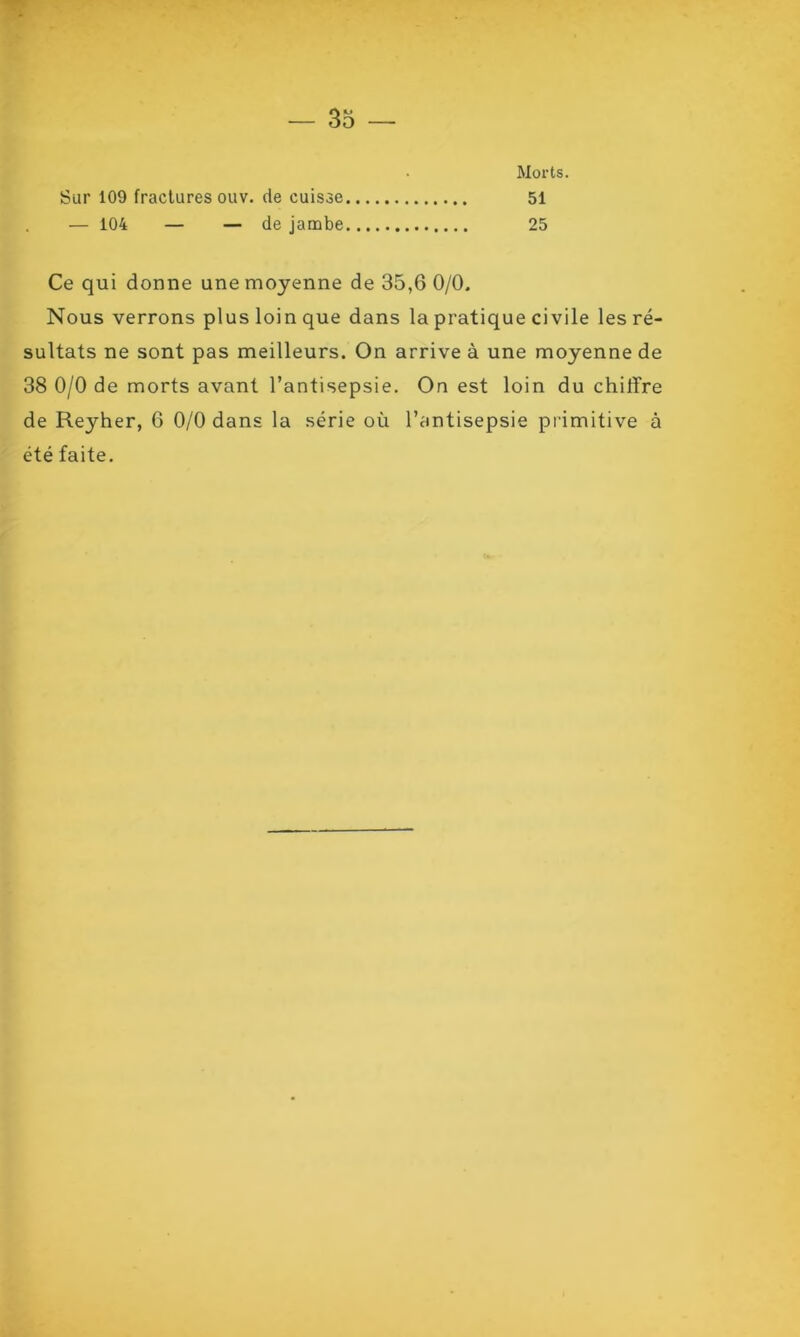 Morts. Sur 109 fractures ouv. de cuisse 51 — 104 — — de jambe 25 Ce qui donne une moyenne de 35,6 0/0. Nous verrons plus loin que dans la pratique ci vile les ré- sultats ne sont pas meilleurs. On arrive à une moyenne de 38 0/0 de morts avant l’antisepsie. On est loin du chiffre de Reyher, 6 0/0 dans la série où l’antisepsie primitive à été faite.