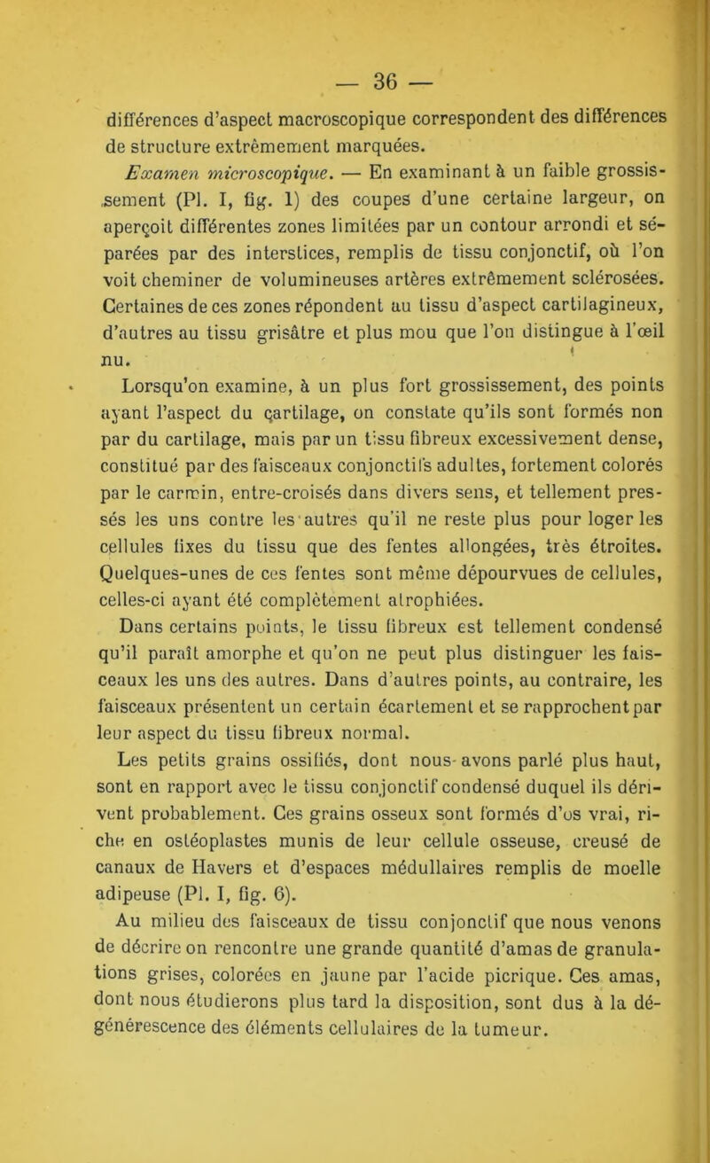 différences d’aspect macroscopique correspondent des différences de structure extrêmement marquées. Examen microscopique. — En examinant à un faible grossis- sement (PI. I, fig. 1) des coupes d’une certaine largeur, on aperçoit différentes zones limitées par un contour arrondi et sé- parées par des interstices, remplis de tissu conjonctif, où l’on voit cheminer de volumineuses artères extrêmement sclérosées. Certaines de ces zones répondent au tissu d’aspect cartilagineux, d’autres au tissu grisâtre et plus mou que l’on distingue à l’œil nu. Lorsqu’on examine, à un plus fort grossissement, des points ayant l’aspect du qartilage, on constate qu’ils sont formés non par du cartilage, mais par un tissu fibreux excessivement dense, constitué par des faisceaux conjonctifs adultes, fortement colorés par le carmin, entre-croisés dans divers sens, et tellement pres- sés les uns contre les autres qu’il ne reste plus pour loger les cellules fixes du tissu que des fentes allongées, très étroites. Quelques-unes de ces fentes sont même dépourvues de cellules, celles-ci ayant été complètement atrophiées. Dans certains points, le tissu fibreux est tellement condensé qu’il paraît amorphe et qu’on ne peut plus distinguer les fais- ceaux les uns des autres. Dans d’autres points, au contraire, les faisceaux présentent un certain écartement et se rapprochent par leur aspect du tissu fibreux normal. Les petits grains ossifiés, dont nous-avons parlé plus haut, sont en rapport avec le tissu conjonctif condensé duquel ils déri- vent probablement. Ces grains osseux sont formés d’os vrai, ri- che en ostéoplastes munis de leur cellule osseuse, creusé de canaux de Havers et d’espaces médullaires remplis de moelle adipeuse (Pl. I, fig. 6). Au milieu des faisceaux de tissu conjonctif que nous venons de décrire on rencontre une grande quantité d’amas de granula- tions grises, colorées en jaune par l’acide picrique. Ces amas, dont nous étudierons plus tard la disposition, sont dus à la dé- générescence des éléments cellulaires de la tumeur.