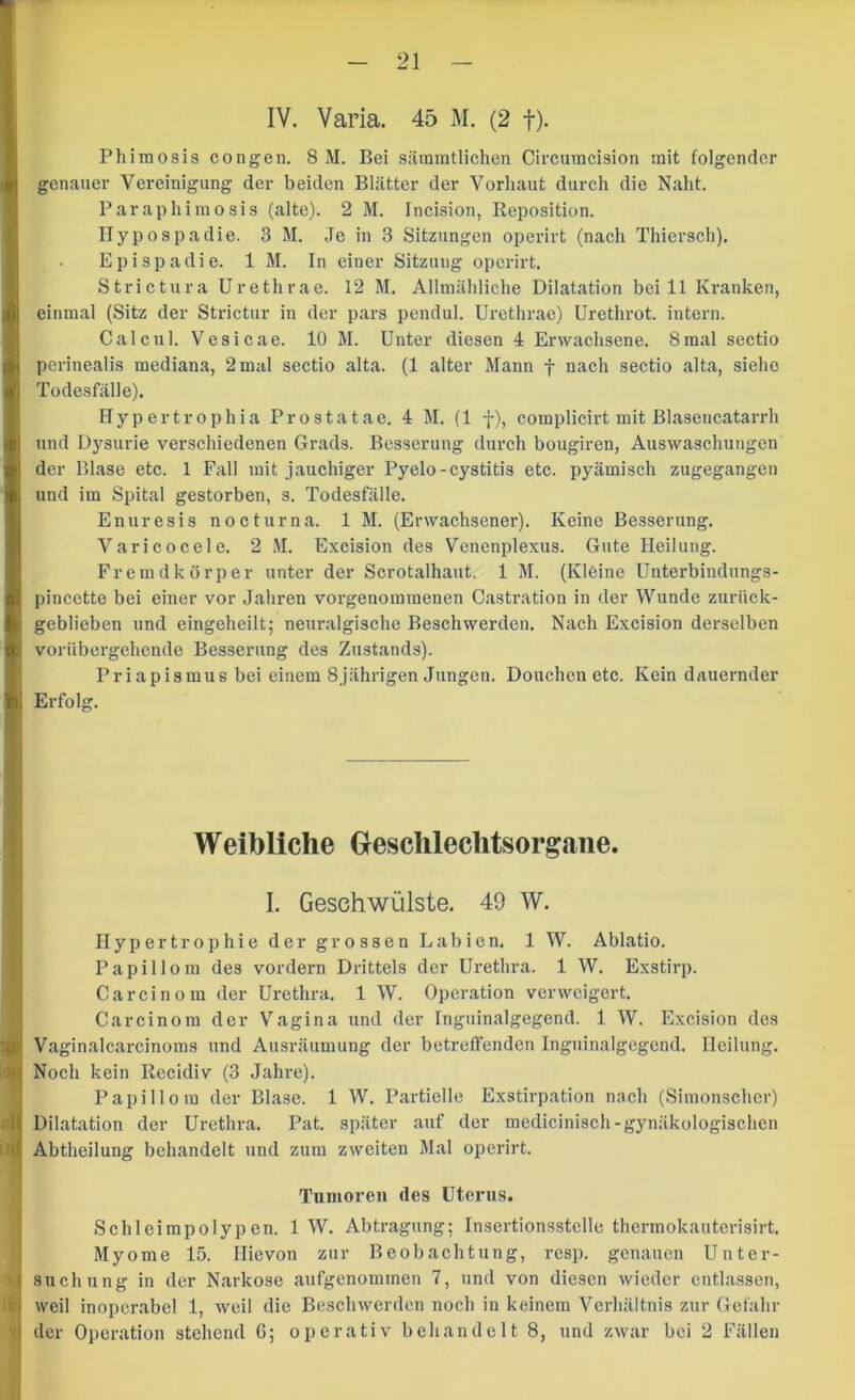 Phimosis congen. 8M. Bei sämratlichen Circumcision mit folgender genauer Vereinigung der beiden Blätter der Vorhaut durch die Naht. Paraphimosis (alte). 2 M. Incision, Keposition. Hypospadie. 3 M, Je in 3 Sitzungen operirt (nach Thiersch). Epispadie. IM. In einer Sitzung operirt. Strictura Urethrae. 12 M. Allmähliche Dilatation bei 11 Kranken, einmal (Sitz der Strictur in der pars pendul. Urethrae) Urethrot. intern. Cal CU 1. Vesicae. 10 M. Unter diesen 4 Erwachsene. 8 mal sectio perinealis mediana, 2 mal sectio alta. (1 alter Mann f nach sectio alta, siehe Todesfälle). Hypertrophia Prostatae. 4 M. (1 f), complicirt mit Blasencatarrh und Dysurie verschiedenen Grads. Besserung durch bougiren, Auswaschungen der Blase etc. 1 Fall mit jauchiger Pyelo-cystitis etc. pyämisch zugegangen und im Spital gestorben, s. Todesfälle. Enuresis nocturna. 1 M. (Erwachsener). Keine Besserung. Varicocele. 2 M. Excision des Venenplexus. Gute Heilung. Fremdkörper unter der Scrotalhaut. 1 M. (Kleine Unterbindungs- pincette bei einer vor Jahren vorgenommenen Castration in der Wunde zurück- geblieben und eingeheilt; neuralgische Beschwerden. Nach Excision derselben vorübergehende Besserung des Zustands). Priapismus bei einem 8jährigen Jungen. Douchen etc. Kein dauernder Erfolg. Weibliche Oeschlechtsorgane. I. Geschwülste. 49 W. Hypertrophie der grossen Labien. 1 W. Ablatio. Papillom des vordem Drittels der Urethra. 1 W. Exstirp. Carcinora der Urethra. 1 W. Operation verweigert. Car ein om der Vagina und der Inguinalgegend. 1 W. Excision des Vaginalcarcinoms und Ausräumung der betreffenden Inguinalgegend. Heilung. Noch kein Recidiv (3 Jahre). Papillom der Blase. 1 W. Partielle Exstirpation nach (Simonschcr) Dilatation der Urethra. Pat. später .auf der medicinisch-gynäkologischen Abtheilung behandelt und zum zweiten Mal operirt. Tumoren des Uterus. Schleimpolypen. IW. Abtragung; Insertionsstclle therraokauterisirt. Myome 15. Hievon zur Beobachtung, resp. genauen Unter- suchung in der N.arkose aufgenominen 7, und von diesen wieder cntl.assen, weil inopcr.abel 1, weil die Beschwerden noch in keinem Verhältnis zur Gefahr der Operation stehend 6; operativ behandelt 8, und zwar bei 2 Fällen