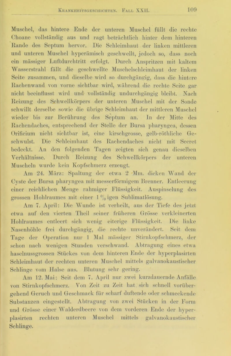 Muschel, das hintere Ende der unteren Muschel füllt die rechte Choane vollständig- aus und ragt beträchtlich hinter dem hinteren Rande des Septum hervor. Die Schleimhaut der linken mittleren und unteren Muschel hyperämisch geschwellt, jedoch so, dass noch ein massiger Luftdurchtritt erfolgt. Durch Anspritzen mit kaltem Wasserstrahl fällt die geschwellte Muschelschleimhaut der linken Seite zusammen, und dieselbe wird so durchgängig, dass die hintere Rachenwand von vorne sichtbar wird, während die rechte Seite gar nicht beeinflusst wird und vollständig undurchgängig bleibt. Nach Reizung des Schwellkörpers der unteren Muschel mit der Sonde schwillt derselbe sowie die übrige Schleimhaut der mittleren Muschel wieder bis zur Berührung des Septum an. In der Mitte des Rachendaches, entsprechend der Stelle der Bursa pharyngea, dessen Orificium nicht sichtbar ist, eine kirschgrosse, gelb-röthliche Ge- schwulst. Die Schleimhaut des Rachendaches nicht mit Secret bedeckt. An den folgenden Tagen zeigten sich genau dieselben Verhältnisse. Durch Reizung des Schwellkörpers der unteren Muscheln wurde kein Kopfschmerz erzeugt. Am 24. März: Spaltung der etwa 2 Mm. dicken Wand der Cyste der Bursa pharyngea mit messerförmigem Brenner. Entleerung einer reichlichen Menge rahmiger Flüssigkeit. Auspinselung des grossen Ilohlraumes mit einer l°/0igen Sublimatlösung. Am 7. April: Die Wunde ist verheilt, aus der Tiefe des jetzt etwa auf den vierten Theil seiner früheren Grösse verkleinerten Hohlraumes entleert sich wenig eiterige Flüssigkeit. Die linke Nasenhöhle frei durchgängig, die rechte unverändert. Seit dem Tage der Operation nur I Mal massiger Stirnkopfschmerz, der schon nach wenigen Stunden verschwand. Abtragung eines etwa haselnussgrosser Stückes von dem hinteren Ende der hypcrplasirten Schleimhaut der rechten unteren Muschel mittels galvanokaustischer Schlinge vom Halse aus. Blutung sehr gering. Am 12. Mai: Seif dem 7. April nur zwei kurzdauernde Anfälle von Stirnkopfschmerz. Von Zeit zu Zeit hat. sich schnell vorüber- gehend Geruch und Geschmack für scharf duftende oder schmeckende Substanzen eingestellt. Abtragung von zwei Stücken in der Form und Grösse einer Walderdbeere von dem vorderen Ende der hyper- plasirten rechten unteren Muschel mittels galvanokaustischer Schlinge.