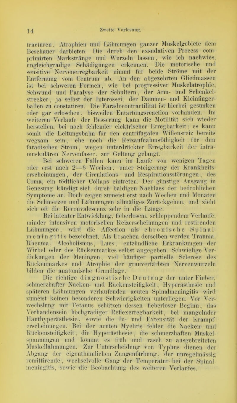 traeturen, Atrophien und Lähmungen ganzer Muskelgebiete dem Beschauer darbieten. Die durch den exsudativen Process com- primirten Markstränge und Wurzeln lassen, wie ich nach wies, ungleichgradige Schädigungen erkennen. Die motorische und sensitive Nervenerregbarkeit nimmt für beide Ströme mit der Entfernung vom Centrum ah. An den abgezehrten Gliedmassen ist bei schweren Formen, wie bei progressiver Muskelatrophie, Schwund und Paralyse der Schultern, der Arm- und Schenkel- strecker, ja selbst der Inte rossei, der Daumen- und Kleinfinger- ballen zu constatiren. Die Faradocontractilität ist hierbei gesunken oder gar erloschen, bisweilen Entartungsreaction vorhanden. Im weiteren Verlaufe der Besserung kann die Motilität sieh wieder hersteilen, bei noch fehlender elektrischer Erregbarkeit: es kann somit die Leitungsbahn für den centrifugalen Willensreiz bereits wegsam sein, ehe noch die Reizaufnahmsfähigkeit tiir den faradischen Strom, wegen unterdrückter Erregbarkeit der intra- muskulären Nervenfaser, zur Geltung gelangt. Bei schweren Fällen kann im Laufe von wenigen Tagen oder erst nach 2—3 Wochen, unter Steigerung der Krankheits- erscheinungen , der Circulations- und Respirationsstörungen, des Coma. ein tödtlieher Collaps eintreten. Der günstige Ausgang in Genesung kündigt sich durch baldigen Nachlass der bedrohlichen Symptome an. Doch zeigen zumeist erst nach Wochen und Monaten die Schmerzen und Lähmungen allmäliges Zurückgehen, und zieht sich oft die Reconvalescenz sehr in die Länge. Bei latenter Entwicklung, fieberlosem, schleppendem Verlaufe, minder intensiven motorischen Reizerscheinungen und restirenden Lähmungen, wird die Affeetion als chronische Spinal- meningitis bezeichnet. Als Ursachen derselben werden Trauma. Rheuma, Alcoholismus, Lues, entzündliche Erkrankungen der Wirbel oder des Rückenmarkes selbst angegeben. Schwielige Ver- dickungen der Meningen, viel häufiger partielle Sclerose des Rückenmarkes und Atrophie der grau verfärbten Nervenwurzeln bilden die anatomische Grundlage. Die richtige diagnostische Deutung der unter Fieber, schmerzhafter Nacken- und Rückensteifigkeit. Hyperästhesie und späteren Lähmungen verlaufenden acuten Spinalmeningitis wird zumeist keinen besonderen Schwierigkeiten unterliegen. Vor Ver- wechslung mit Tetanus schützen dessen fieberloser Beginn, das Vorhandensein hochgradiger Reflexerregbarkeit, bei mangelnder Hauthyperästhesie, sowie die In- und Extensität der Krampf- erscheinungen. Bei der acuten Myelitis fehlen die Nacken- und Rückensteifigkeit, die Hyperästhesie, die schmerzhaften Muskel- spannungen und kömmt es früh und rasch zu ausgebreiteten Muskellähmungen. Zur Unterscheidung von Typhus dienen der Abgang der eigenthümlichen Zungenfärbung, der unregelmässig remittirende, wechselvolle Gang der Temperatur bei der Spinai- mcningitis, sowie die Beobachtung des weiteren Verlaufes.