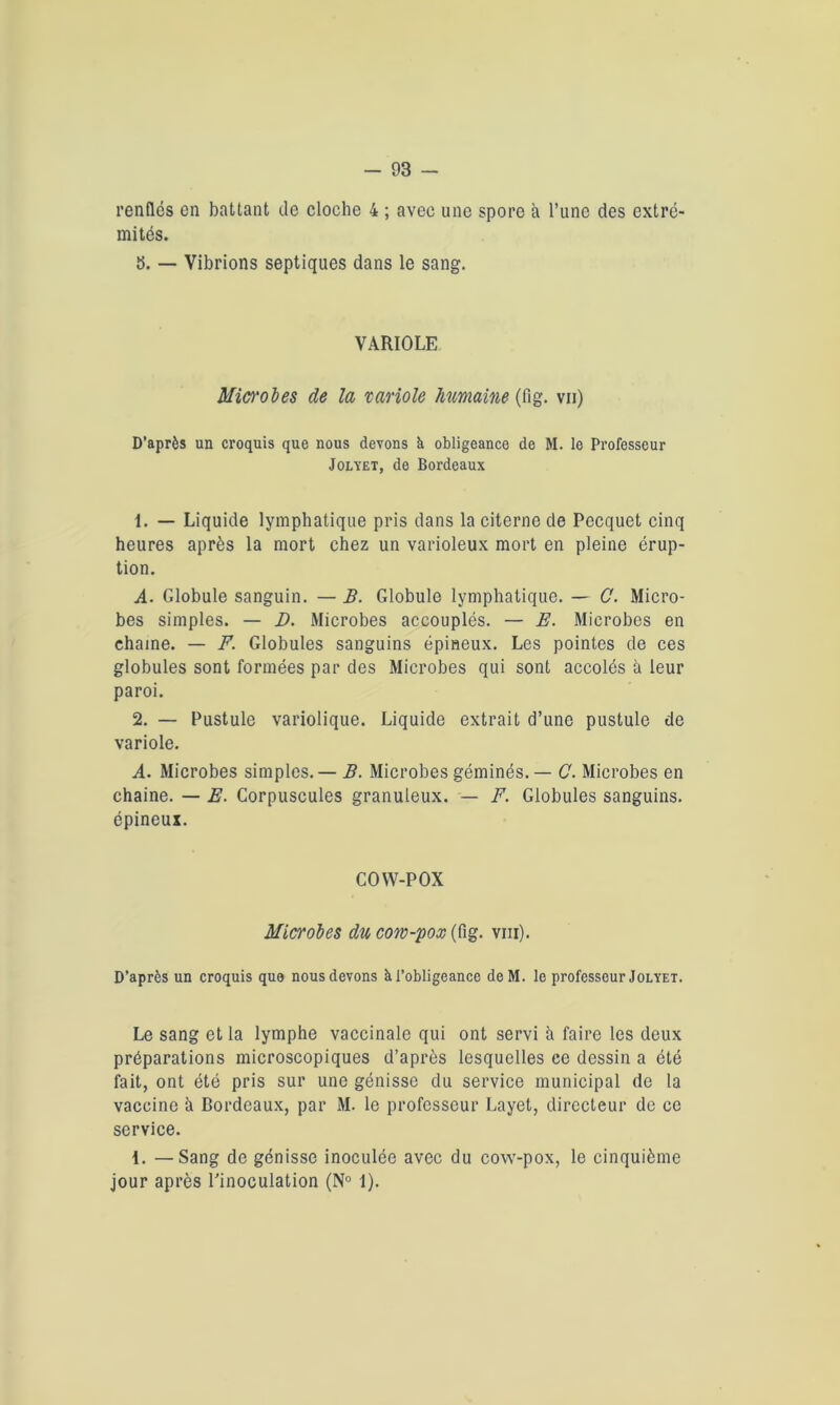 renflés en battant de cloche 4 ; avec une spore à l’une des extré- mités. 5. — Vibrions septiques dans le sang. VARIOLE Microbes de la variole humaine (fig. vii) D’après un croquis que nous devons à obligeance de M. le Professeur Jolyet, de Bordeaux 1. — Liquide lymphatique pris dans la citerne de Pecquet cinq heures après la mort chez un varioleux mort en pleine érup- tion. A. Globule sanguin. — B. Globule lymphatique. — C. Micro- bes simples. — D. Microbes accouplés. — E. Microbes en chaîne. — F. Globules sanguins épineux. Les pointes de ces globules sont formées par des Microbes qui sont accolés à leur paroi. 2. — Pustule variolique. Liquide extrait d’une pustule de variole. A. Microbes simples. — B. Microbes géminés. — C. Microbes en chaine. — E. Corpuscules granuleux. — F. Globules sanguins, épineux. COW-POX Microbes du cow-pox (fig. vin). D’après un croquis que nous devons à l’obligeance deM. le professeur Jolyet. Le sang et la lymphe vaccinale qui ont servi à faire les deux préparations microscopiques d’après lesquelles ce dessin a été fait, ont été pris sur une génisse du service municipal de la vaccine à Bordeaux, par M. le professeur Layet, directeur de ce service. 1. — Sang de génisse inoculée avec du cow-pox, le cinquième jour après l'inoculation (N° 1).