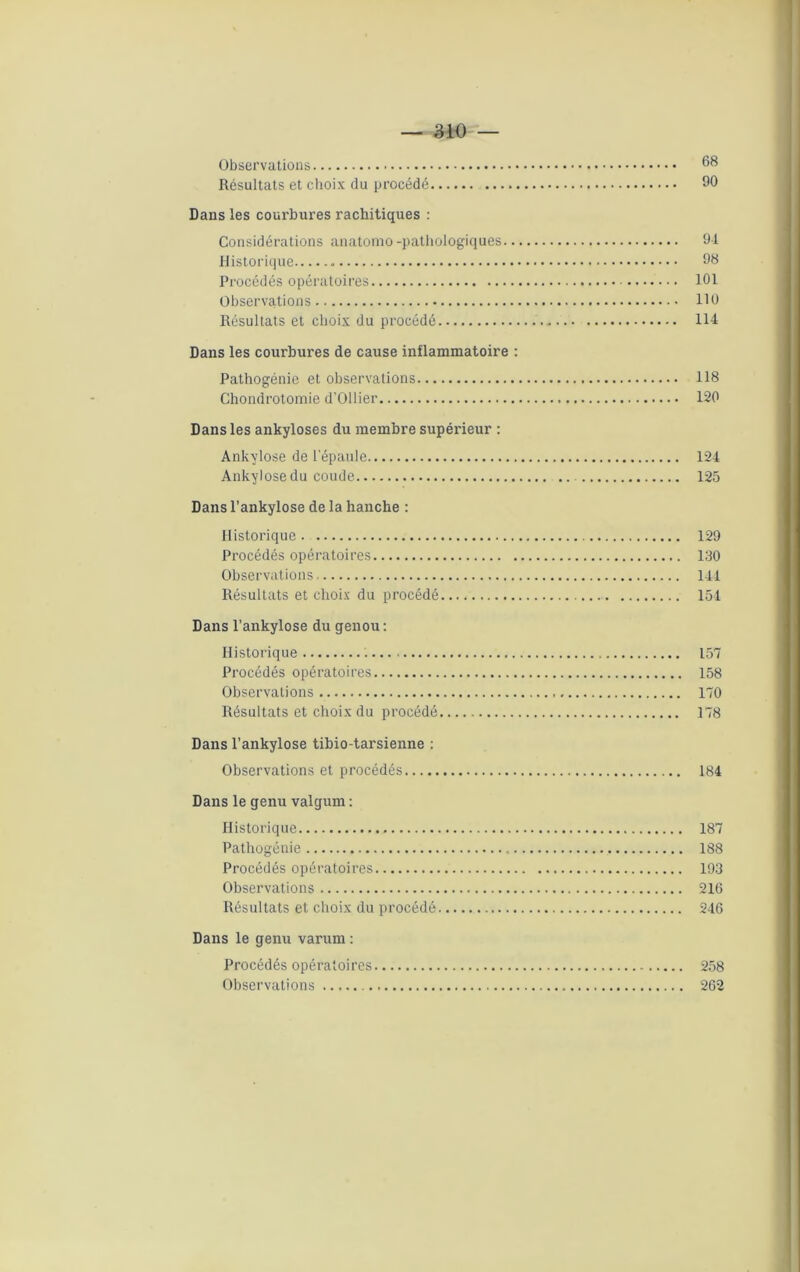 — 310 — Observations 68 Résultats et choix du procédé 90 Dans les courbures rachitiques : Considérations anatomo-pathologiques 94 Historique 98 Procédés opératoires 101 Observations 110 Résultats et choix du procédé 114 Dans les courbures de cause inflammatoire : Pathogénie et observations 118 Chondrotomie d’Ollier 120 Dans les ankylosés du membre supérieur : Ankylosé de l’épaule 124 Ankylosé du coude 125 Dans l’ankylose de la hanche : Historique 129 Procédés opératoires 130 Observations 144 Résultats et choix du procédé 154 Dans l’ankylose du genou : Historique 157 Procédés opératoires 158 Observations 170 Résultats et choix du procédé 178 Dans l’ankylose tibio-tarsienne : Observations et procédés 184 Dans le genu valgum : Historique 187 Pathogénie 188 Procédés opératoires 193 Observations 216 Résultats et choix du procédé 246 Dans le genu varum : Procédés opératoires 258 Observations 262