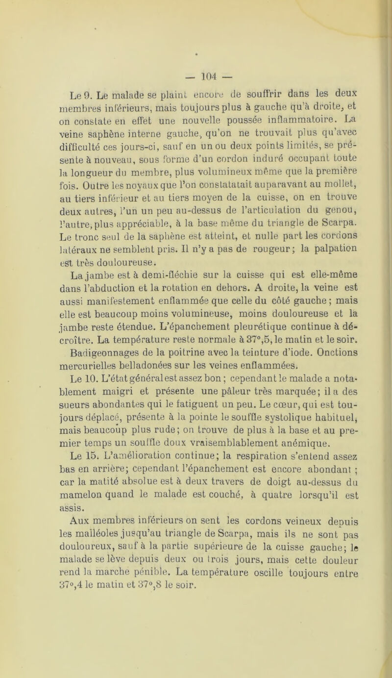 Le 9. Le malade se plaint, encore de souffrir dans les deux- membres inférieurs, mais toujours plus à gauche qu’à droite, et on constate en effet une nouvelle poussée inflammatoire. La veine saphène interne gauche, qu’on ne trouvait plus qu’avec difficulté ces jours-ci, sauf en un ou deux points limités, se pré- sente à nouveau, sous forme d’un cordon induré occupant toute la longueur du membre, plus volumineux même que la première fois. Outre les noyaux que l’on constatatait auparavant au mollet, au tiers inférieur et au tiers moyen de la cuisse, on en trouve deux autres, l’un un peu au-dessus de l’articulation du genou, l’autre,plus appréciable, à la base même du triangle de Scarpa. Le tronc seul de la saphène est atteint, et nulle part les cordons latéraux ne semblent pris. Il n’y a pas de rougeur ; la palpation est très douloureuse. La jambe est à demi-fléchie sur la cuisse qui est elle-même dans l’abduction et la rotation en dehors. A droite, la veine est aussi manifestement enflammée que celle du côté gauche; mais elle est beaucoup moins volumineuse, moins douloureuse et la jambe reste étendue. L’épanchement pleurétique continue à dé- croître. La température reste normale à 37°,5, le matin et le soir. Badigeonnages de la poitrine avec la teinture d’iode. Onctions mercurielles belladonées sur les veines enflammées. Le 10. L’état général est assez bon ; cependant le malade a nota- blement maigri et présente une pâleur très marquée; il a des sueurs abondantes qui le fatiguent un peu. Le cœur, qui est tou- jours déplacé, présente à la pointe le souffle systolique habituel, mais beaucoup plus rude; on trouve de plus à la base et au pre- mier temps un souffle doux vraisemblablement anémique. Le 15. L’amélioration continue; la respiration s’entend assez bas en arrière; cependant l’épanchement est encore abondant ; car la matité absolue est à deux travers de doigt au-dessus du mamelon quand le malade est couché, à quatre lorsqu’il est assis. Aux membres inférieurs on sent les cordons veineux depuis les malléoles jusqu’au triangle de Scarpa, mais ils ne sont pas douloureux, sauf à la partie supérieure de la cuisse gauche; le malade se lève depuis deux ou Irois jours, mais cette douleur rend la marche pénible. La température oscille toujours entre 37°,4 le matin et 37°,8 le soir.