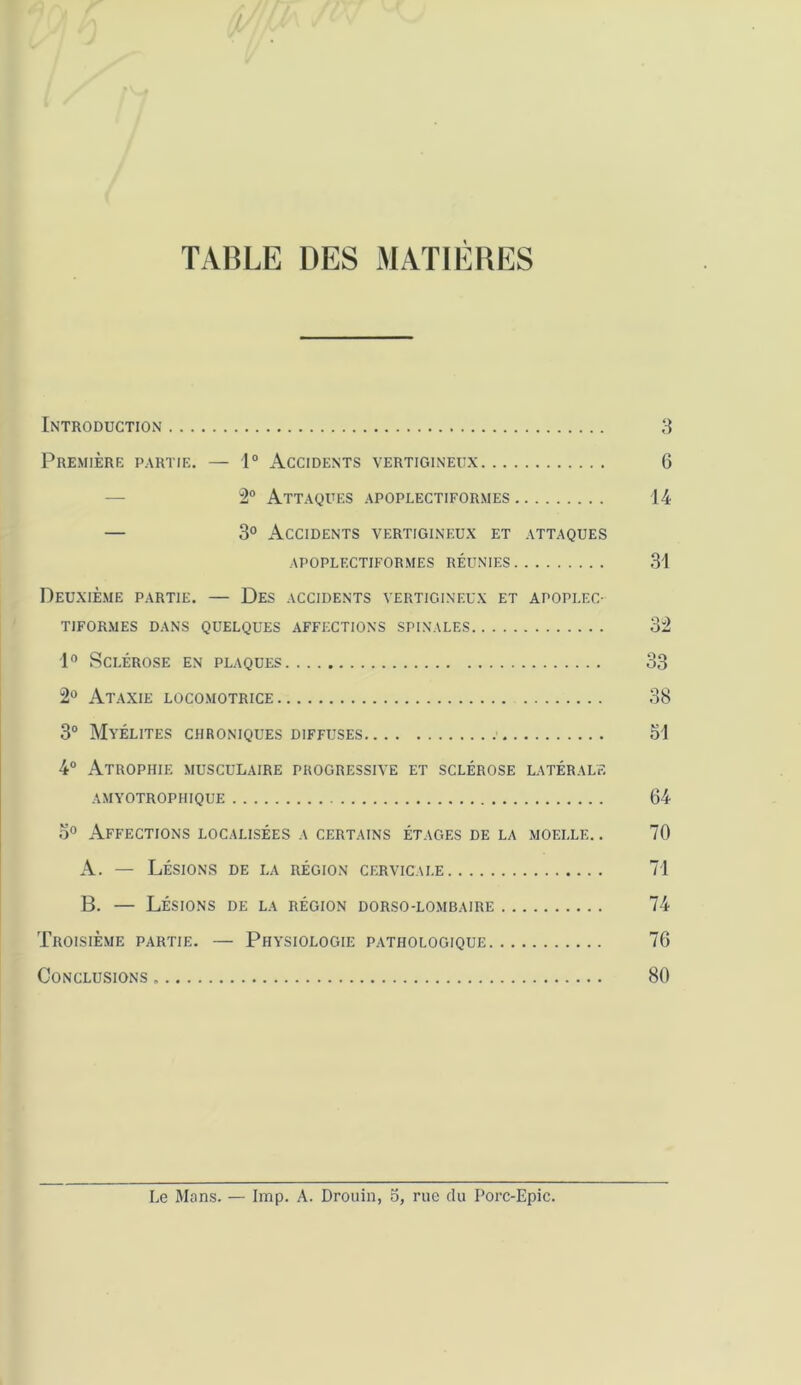 / TABLE DES MATIÈRES Introduction 3 Première partie. — 1° Accidents vertigineux 6 2° Attaques apoplectiformes 14 — 3° Accidents vertigineux et attaques APOPLECTIFORMES RÉUNIES 31 Deuxième partie. — Des accidents vertigineux et apoplec- tiformes DANS QUELQUES AFFECTIONS SPINALES 32 1° Sclérose en plaques 33 2° Ataxie locomotrice 38 3° Myélites chroniques diffuses ■ 51 4° Atrophie musculaire progressive et sclérose latérale AMYOTROPHIQUE 64 5° Affections localisées a certains étages de la moelle.. 70 A. — Lésions de la région cervicale 71 B. — Lésions de la région dorso-lombaire 74 Troisième partie. — Physiologie pathologique 76 Conclusions 80 Le Mans. — lmp. A. Drouin, o, rue du Porc-Epic.