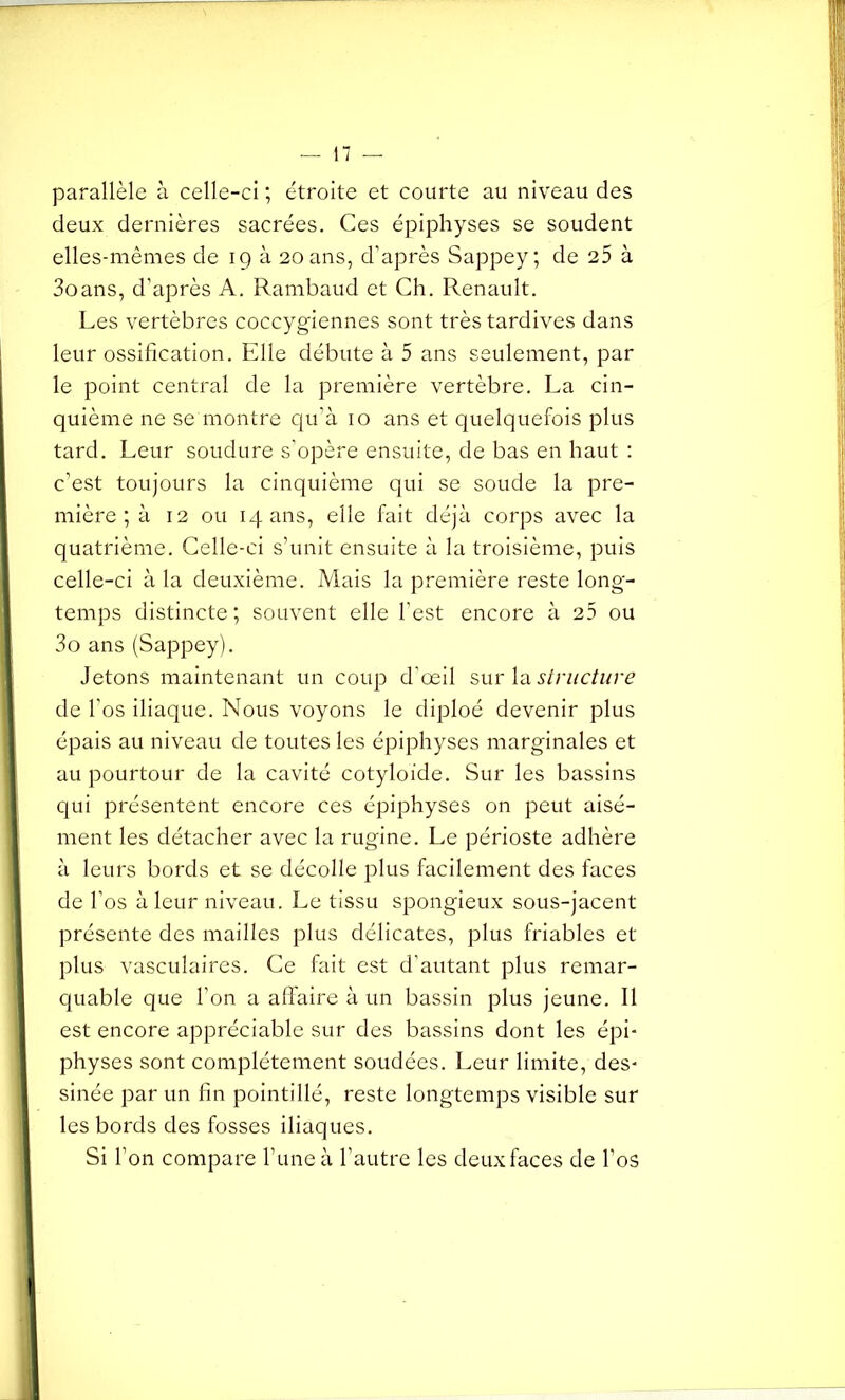 parallèle à celle-ci ; étroite et courte au niveau des deux dernières sacrées. Ces épiphyses se soudent elles-mêmes de 19 à 20 ans, d’après Sappey; de 25 à 3oans, d’après A. Rambaud et Ch. Renault. Les vertèbres coccygiennes sont très tardives dans leur ossification. Elle débute à 5 ans seulement, par le point central de la première vertèbre. La cin- quième ne se montre qu’à 10 ans et quelquefois plus tard. Leur soudure s’opère ensuite, de bas en haut : c’est toujours la cinquième qui se soude la pre- mière ; à 12 ou 14 ans, elle fait déjà corps avec la quatrième. Celle-ci s’unit ensuite à la troisième, puis celle-ci à la deuxième. Mais la première reste long- temps distincte ; souvent elle l’est encore à 25 ou 3o ans (Sappey). Jetons maintenant un coup d'œil sur la structure de l'os iliaque. Nous voyons le diploé devenir plus épais au niveau de toutes les épiphyses marginales et au pourtour de la cavité cotyloide. Sur les bassins qui présentent encore ces épiphyses on peut aisé- ment les détacher avec la rugine. Le périoste adhère à leurs bords et se décolle plus facilement des faces de l’os à leur niveau. Le tissu spongieux sous-jacent présente des mailles plus délicates, plus friables et plus vasculaires. Ce fait est d’autant plus remar- quable que l’on a affaire à un bassin plus jeune. Il est encore appréciable sur des bassins dont les épi- physes sont complètement soudées. Leur limite, des- sinée par un fin pointillé, reste longtemps visible sur les bords des fosses iliaques. Si l’on compare l’une à l’autre les deuxfaces de l’os