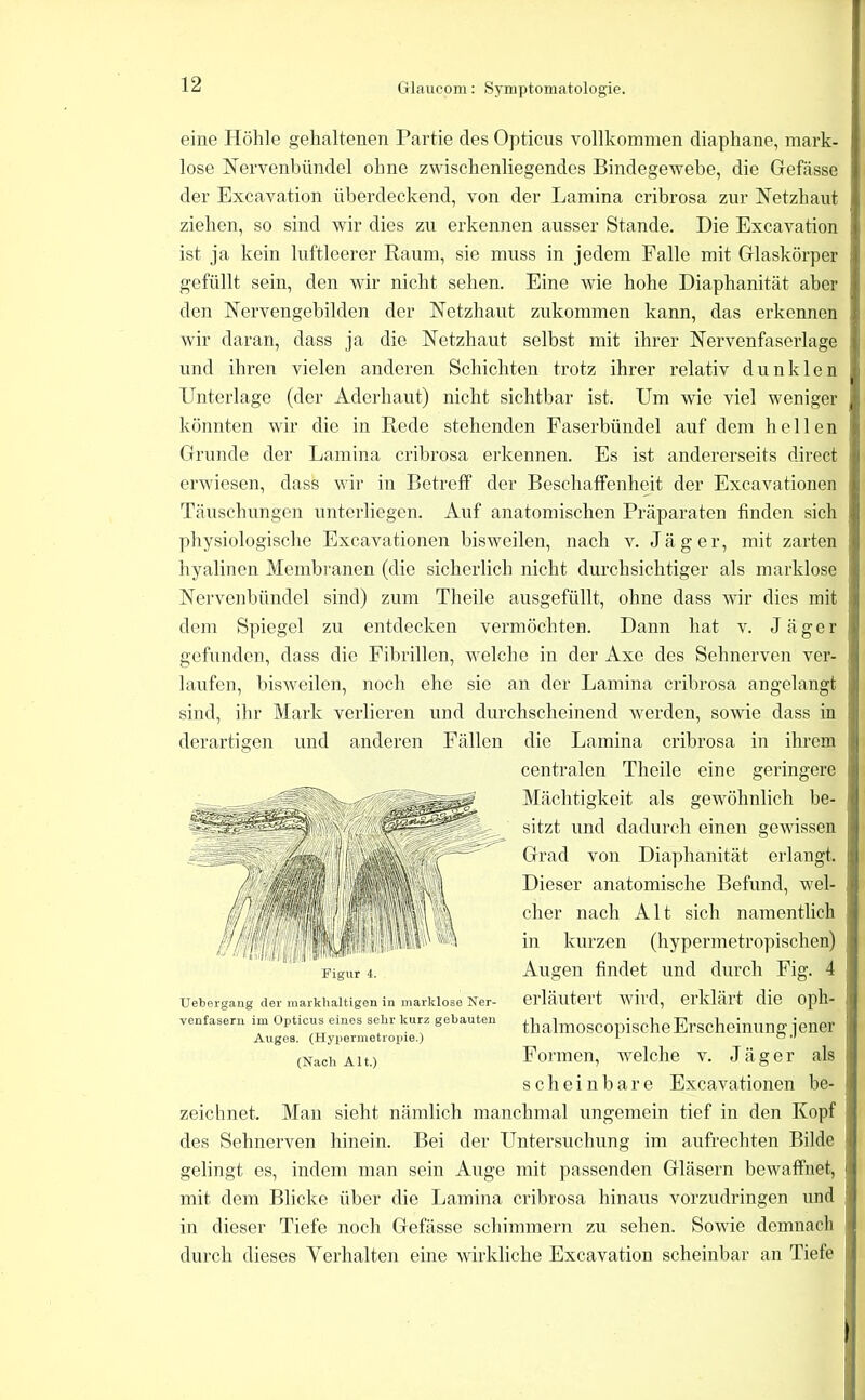 eine Höhle gehaltenen Partie des Opticus vollkommen diaphane, mark- lose ISTervenbündel ohne zwischenliegendes Bindegewebe, die Gefässe der Excavation überdeckend, von der Lamina cribrosa zur Netzhaut ziehen, so sind wir dies zu erkennen ausser Stande. Die Excavation ist ja kein luftleerer Raum, sie muss in jedem Falle mit Glaskörper gefüllt sein, den wir nicht sehen. Eine wie hohe Diaphanität aber den Nervengebildcn der Netzhaut zukommen kann, das erkennen wir daran, dass ja die Netzhaut selbst mit ihrer Nervenfaserlage und ihren vielen anderen Schichten trotz ihrer relativ dunklen Unterlage (der Aderhaut) nicht sichtbar ist. Um wie viel weniger könnten wir die in Rede stehenden Faserbündel auf dem hellen Grunde der Lamina cribrosa erkennen. Es ist andererseits direct erwiesen, dass wir in Betreff der Beschaffenheit der Excavationen Täuschungen unterliegen. Auf anatomischen Präparaten finden sich physiologische Excavationen bisweilen, nach v. Jäger, mit zarten hyalinen Membi'anen (die sicherlich nicht durchsichtiger als marklose Nervenbündel sind) zum Theile ausgefüllt, ohne dass wir dies mit dem Spiegel zu entdecken vermöchten. Dann hat v. Jäger gefunden, dass die Fibrillen, welche in der Axe des Sehnerven ver- laufen, bisweilen, noch ehe sic an der Lamina cribrosa angelangt sind, ihr Mark verlieren und durchscheinend werden, sowie dass in derartigen und anderen Fällen die Lamina cribrosa in ihrem centralen Theile eine geringere Mächtigkeit als gewöhnlich be- sitzt und dadurch einen gewissen Grad von Diaphanität erlangt. Dieser anatomische Befund, wel- cher nach Alt sich namentlich in kurzen (hypermetropischen) Augen findet und durch Fig. 4 erläutert wird, erklärt die oph- thalmosco])ische Erscheinung jener Foi'inen, welche v. Jäger als scheinbare Excavationen be- zeichnet. Man sieht nämlich manchmal ungemein tief in den Kopf des Sehnerven hinein. Bei der Untersuchung im aufrechten Bilde gelingt es, indem man sein Auge mit passenden Gläsern bewaffnet, mit dem Blicke über die Lamina cribrosa hinaus vorzudringen und in dieser Tiefe noch Gefässe schimmern zu sehen. Sowie demnach durch dieses Verhalten eine wirkliche Excavation scheinbar an Tiefe I Figur 4. Uebergang der markhaltigen in marklose Ner- venfasern im Opticus eines sehr kurz gebauten Auges. (Ilypermotropie.)