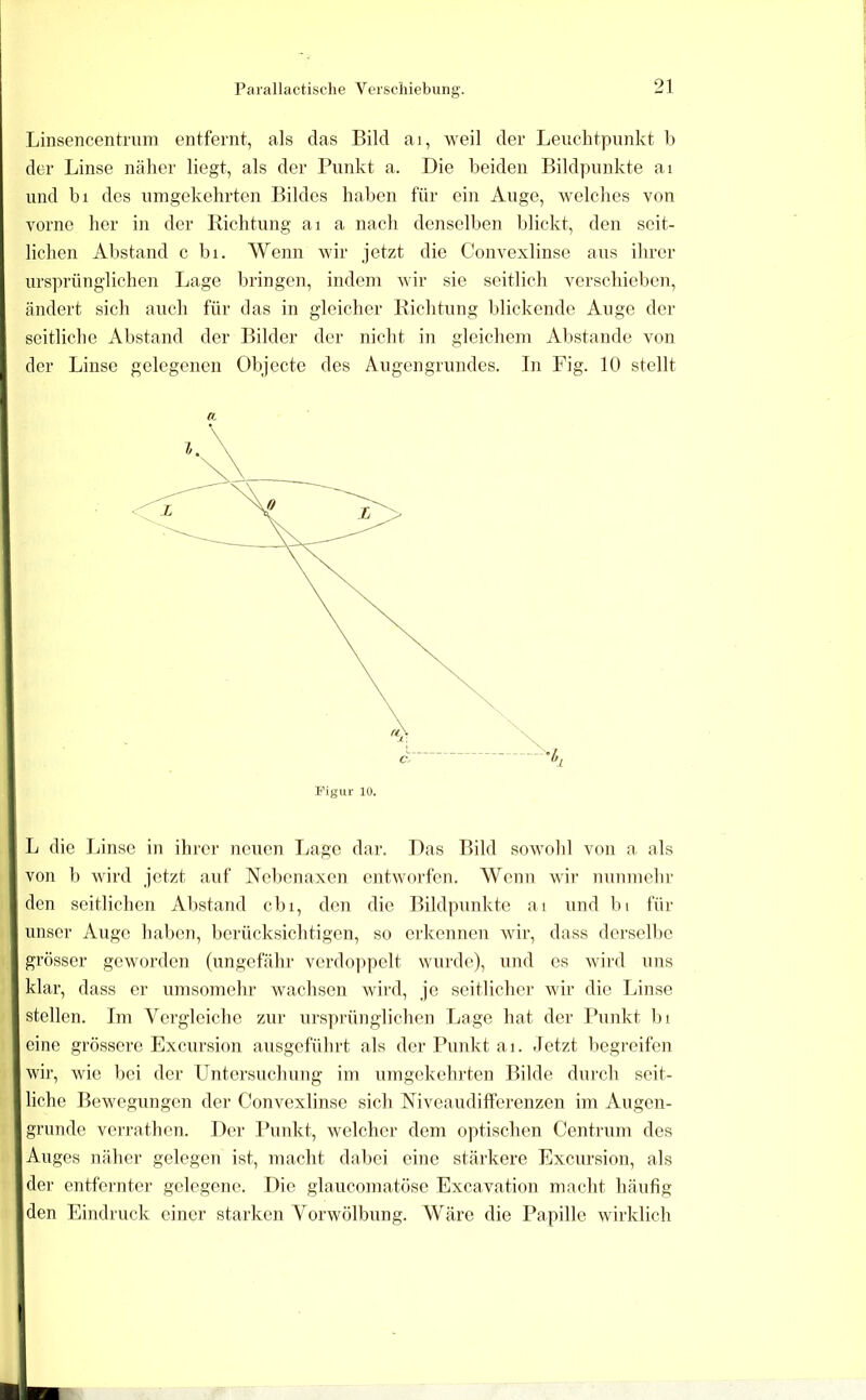 Parallactische Verscliiebiing. Linsencentrum entfernt, als das Bild ai, weil der Leuchtpunkt 1> der Linse näher liegt, als der Punkt a. Die beiden Bildpunkte ai und bl des umgekehrten Bildes haben für ein Auge, welches von vorne her in der Richtung ai a nach denselben blickt, den seit- lichen Abstand c bi. Wenn wir jetzt die Convexlinse aus ihrer ursprünglichen Lage bringen, indem wir sie seitlich verschieben, ändert sich auch für das in gleicher Richtung blickende Auge der seitliche Abstand der Bilder der nicht in gleichem Abstande von der Linse gelegenen Objecte des Augengrundes. In Fig. 10 stellt (L L die Linse in ihrer neuen Lage dar. Das Bild sowohl von a als von b wird jetzt auf Nebenaxon entworfen. Wenn wii’ nunmehr den seitlichen Abstand cbi, den die Bildpunkte ai und bi für unser Auge haljcn, berücksichtigen, so erkennen wir, dass dersellie grösser geworden (ungefähr verdo])pelt wurde), und es wird uns klar, dass er umsomehr waclisen wird, je seitlicher wir die Linse stellen. Im Vergleiche zur ursprünglichen Lage hat der Punkt l)i eine grössere Excursion ausgeführt als der Punkt ai. Jetzt begreifen wir, wie bei der Untersuchung im umgekehrten Bilde durch seit- liche Bewegungen der Convexlinse sich Niveaudifferenzen im Augen- grunde ven-athen. Dei' Punkt, welcher dem optischen Centrum des Auges näher gelegen ist, macht dabei eine stärkere Excursion, als der entfernter' gelegene. Die glaucomatöse Excavation macht häufig den Eindruck einer starken A'orwölbung. Wäre die Papille wirklich