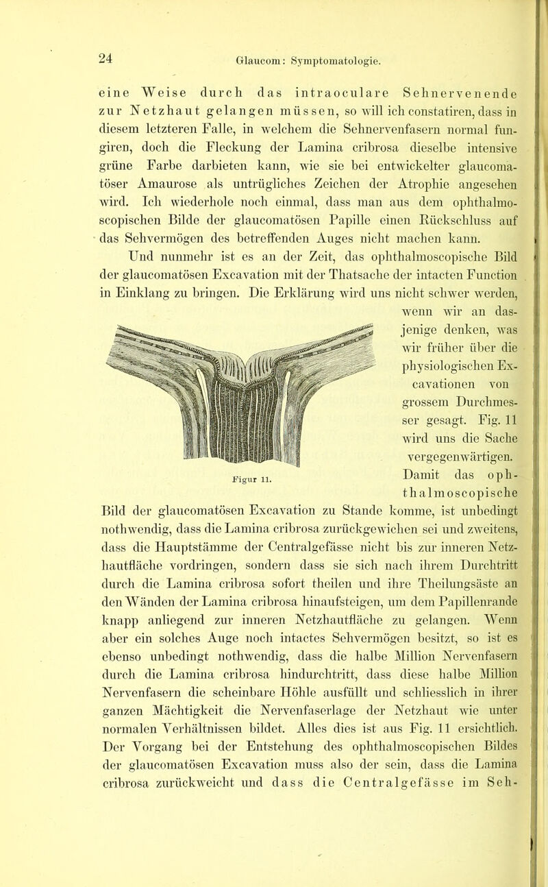 eine Weise durch das intraoculare Sehnerven ende zur Netzhaut gelangen müssen, so will ich constatiren, dass in diesem letzteren Falle, in welchem die Sehnervenfasern normal fun- giren, doch die Fleckung der Lamina cribrosa dieselbe intensive grüne Farbe darbieten kann, wie sie bei entwickelter glaucoma- töser Amaurose als untrügliches Zeichen der Atrophie angesehen wird. Ich wiederhole noch einmal, dass man aus dem ophthalmo- scopischen Bilde der glaucomatösen Papille einen Eückschluss auf das Sehvermögen des betreffenden Auges nicht machen kann. Und nunmehr ist es an der Zeit, das ophthalmoscopische Bild der glaucomatösen Excavation mit der Thatsache der intacten Function in Einklang zu bringen. Die Erklärung wird uns nicht schwer werden, wenn wir an das- jenige denken, was wir früher über die physiologischen Ex- cavationen von grossem Durchmes- ser gesagt. Fig. 11 wird uns die Sache vergegenwärtigen. Damit das oph- thalmoscopische Bild der glaucomatösen Excavation zu Stande komme, ist unbedingt nothwendig, dass die Lamina cribrosa zurückgewichen sei und zweitens, dass die Hauptstämme der Centralgefässe nicht bis zur inneren Netz- hautfläche Vordringen, sondern dass sie sich nach ihrem Durchtritt durch die Lamina cribrosa sofort theilen und ihre Theihmgsäste an den Wänden der Lamina cribrosa hinaufsteigen, um dem Papillenrande knapp anliegend zur inneren Netzhautfiäche zu gelangen. Wenn aber ein solches Auge noch intactes Sehvermögen besitzt, so ist es ebenso unbedingt nothwendig, dass die halbe Million Nervenfasern durch die Lamina cribrosa hindurchtritt, dass diese halbe Million Nervenfasern die scheinbare Höhle ausfüllt und schliesslich in ihrer ganzen Mächtigkeit die Nervenfaserlage der Netzhaut wie unter normalen Verhältnissen bildet. Alles dies ist aus Fig. 11 ersichtlich. Der Vorgang bei der Entstehung des ophthalmoscopischen Bildes der glaucomatösen Excavation muss also der sein, dass die Lamina cribrosa zurückweicht und dass die Centralgefässe im Seh-