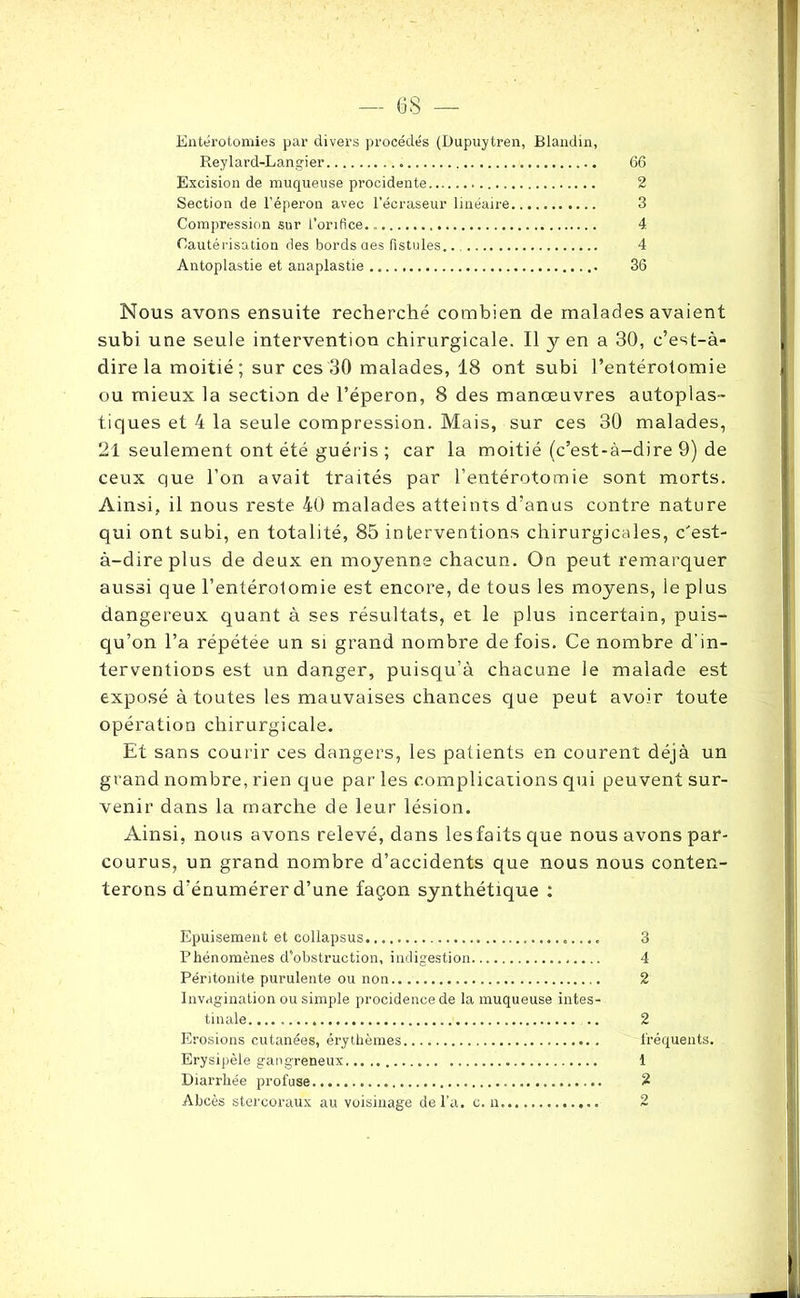 Entérotomies par divers procédés (Dupuytren, Blandin, Reylard-Langier . 66 Excision de muqueuse procidente 2 Section de l’éperon avec l’écraseur linéaire 3 Compression sur l’orifice. . 4 Cautérisation des bords des fistules.. 4 Antoplastie et anaplastie . 36 Nous avons ensuite recherché combien de malades avaient subi une seule intervention chirurgicale. Il y en a 30, c’est-à- dire la moitié; sur ces 30 malades, 18 ont subi l’entérotomie ou mieux la section de l’éperon, 8 des manœuvres autoplas- tiques et 4 la seule compression. Mais, sur ces 30 malades, 21 seulement ont été guéris ; car la moitié (c’est-à-dire 9) de ceux que l’on avait traités par l’entérotomie sont morts. Ainsi, il nous reste 40 malades atteints d’anus contre nature qui ont subi, en totalité, 85 interventions chirurgicales, c'est- à-dire plus de deux en moyenne chacun. On peut remarquer aussi que l’entérotomie est encore, de tous les moyens, le plus dangereux quant à ses résultats, et le plus incertain, puis- qu’on l’a répétée un si grand nombre de fois. Ce nombre d'in- terventioDs est un danger, puisqu’à chacune le malade est exposé à toutes les mauvaises chances que peut avoir toute opération chirurgicale. Et sans courir ces dangers, les patients en courent déjà un grand nombre, rien que par les complications qui peuvent sur- venir dans la marche de leur lésion. Ainsi, nous avons relevé, dans lesfaits que nous avons par- courus, un grand nombre d’accidents que nous nous conten- terons d’énumérer d’une façon synthétique : Epuisement et collapsus 3 Phénomènes d’obstruction, indigestion... 4 Péritonite purulente ou non 2 Invagination ou simple procidence de la muqueuse intes- tinale 2 Erosions cutanées, érythèmes fréquents. Erysipèle gangreneux 1 Diarrhée profuse 2 Abcès stercoraux au voisinage de l'a. c. a 2