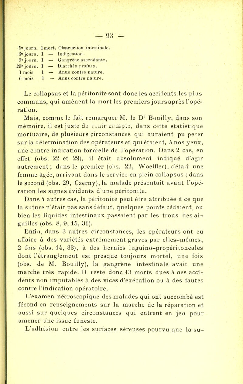 I — 93 - 5ejourn. lmort. Obstruction intestinale. 6ejourn. 1 — Indigestion. 9ejourn. 1 — Gangrène ascendante. 29ejourn. 1 — Diarrhée profuse. 1 mois 1 — Anus contre nature. 6 mois 1 — Anus contre nature. Le collapsus et la péritonite sont donc les accidents les pins communs, qui amènent la mort les premiers jours après l’opé- ration. Mais, comme le fait remarquer M. le Dr Bouilly, dans son mémoire, il est juste de u-air compte, dans cette statistique mortuaire, de plusieurs circonstances qui auraient pu peser sur la détermination des opérateurs et qui étaient, à nos yeux, une contre indication formelle de l’opération. Dans 2 cas, en effet (obs. 22 et 29), il était, absolument indiqué d’agir autrement; dans le premier (obs. 22, Woelfler), c’était une femme âgée, arrivant dans le service en plein collapsus ; dans le second (obs. 29, Czerny), la malade présentait avant l’opé- ration les signes évidents d’une péritonite. Dans 4 autres cas, la péritonite peut être attribuée à ce que la suture n’était pas sans défaut, quelques points cédaient, ou bien les liquides intestinaux passaient par les trous des ai- guilles (obs. 8, 9, 15, 31). Enfin, dans 3 autres circonstances, les opérateurs ont eu affaire à des variétés extrêmement graves par elles-mêmes, 2 fois (obs. 14, 33), à des hernies i nguino-propérironéales dont l’étranglement est presque toujours mortel, une fois (obs. de M. Bouilly), la gangrène intestinale avait une marche très rapide. 11 reste donc 13 morts dues à aes acci- dents non imputables à des vices d’exécution ou à des fautes contre l’indication opératoire. L’examen nécroscopique des malades qui ont succombé est fécond en renseignements sur la marche de la réparation et aussi sur quelques circonstances qui entrent en jeu pour amener une issue funeste. L’adhésion entre les surfaces séreuses pourvu que la su-