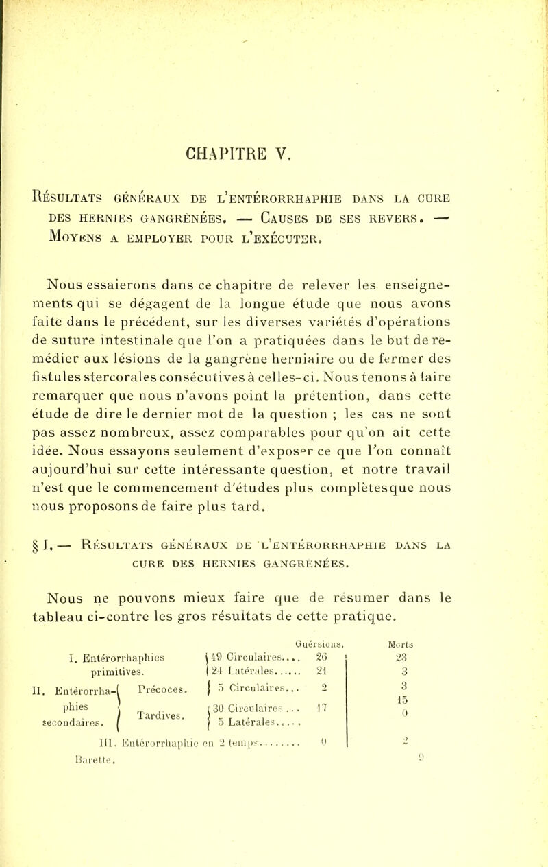 CHAPITRE V. Résultats généraux de l’entérorrhaphie dans la cure des hernies gangrenées. — Causes de ses revers. — Moyens a employer pour l’exécuter. Nous essaierons dans ce chapitre de relever les enseigne- ments qui se dégagent de la longue étude que nous avons faite dans le précédent, sur les diverses variétés d’opérations de suture intestinale que l’on a pratiquées dans le but de re- médier aux lésions de la gangrène herniaire ou de fermer des fistules stercorales consécutives à celles-ci. Nous tenons à faire remarquer que nous n’avons point la prétention, dans cette étude de dire le dernier mot de la question ; les cas ne sont pas assez nombreux, assez comparables pour qu’on ait cette idée. Nous essayons seulement d’expos°r ce que l’on connaît aujourd’hui sur cette intéressante question, et notre travail n’est que le commencement d'études plus complètesque nous nous proposons de faire plus tard. § I.— Résultats généraux de 'l’entérorrhaphie dans la CURE DES HERNIES GANGRENÉES. Nous ne pouvons mieux faire que de résumer dans le tableau ci-contre les gros résultats de cette pratique. Guérsions. I. Entérorrhaphies i 49 Circulaires.... 26 primitives. I 24 Latérales 21 . Entérorrha-l Précoces. j 5 Circulaires... 2 phies < . . 1 Tardives, secondaires. [ ( 30 Circulaires ... 17 f 5 Latérales..... III. Entérorrhapliie en 2 temps 0