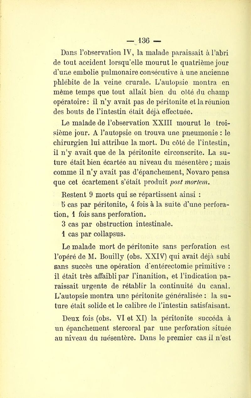 Dans l’observation IV, la malade paraissait à l’abri de tout accident lorsqu’elle mourut le quatrième jour d’une embolie pulmonaire consécutive à une ancienne phlébite de la veine crurale. L’autopsie montra en même temps que tout allait bien du côté du champ opératoire : il n’y avait pas de péritonite et la réunion des bouts de l’intestin était déjà effectuée. Le malade de l’observation XXIII mourut le troi- sième jour. A l’autopsie on trouva une pneumonie : le chirurgien lui attribue la mort. Du côté de l’intestin, il n’y avait que de la péritonite circonscrite. La su- ture était bien écartée au niveau du mésentère ; mais comme il n’y avait pas d’épanchement, Novaro pensa que cet écartement s’était produit post mortem. Restent 9 morts qui se répartissent ainsi : b cas par péritonite, 4 fois à la suite d’une perfora- tion, 1 fois sans perforation. 3 cas par obstruction intestinale. 1 cas par collapsus. Le malade mort de péritonite sans perforation est l’opéré de M. Bouilly (obs. XXIV) qui avait déjà subi sans succès une opération d'entérectomie primitive : il était très affaibli par l’inanition, et l’indication pa- raissait urgente de rétablir la continuité du canal. L’autopsie montra une péritonite généralisée : la su- ture était solide et le calibre de l’intestin satisfaisant. Deux fois (obs. VI et XI) la péritonite succéda à un épanchement stercoral par une perforation située au niveau du mésentère. Dans le premier cas il n’est