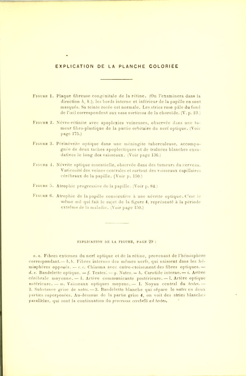 EXPLICATION DE LA PLANCHE COLORIÉE Figure 1. Plaque fibreuse congénitale de la rétine. (On l’examinera dans la direction 7i, b.)\ les bords interne et inférieur de la papille en sont masqués. Sa teinte rosée est normale. Les stries rose pâle du fond de l’œil correspondent aux vasa vorticosa de la choroïde. (V. p. 23 i F'igurb 2. Névro-rétinite avec apoplexies veineuses, observée dans une tu- meur fibro-plastique de la partie orbitaire du nerf optique. (Voir page 175.) Figukb 3. Périnévrite optique dans une méningite tuberculeuse, accompa- gnée de deux taches apoplectiques et de traînées blanches exsu- datives le long des vaisseaux. (Voir page 136.) Figure d. Névrite optique essentielle, observée dans des tumeurs du cerveau. Varicosité des veines centrales et surtout des vaisseaux capillaires cérébraux de la papille. (Voir p. 150.) Figure 5. Atrophie progressive de la papille. (Voir p. 84.) Imgurb 6. Atrophie de la papille consécutive il une névrite optique. C’est le môme œil qui fait le sujet de la figure 4, représenté il la période extrême de la maladie. (Voir page 150.) EXPLICATION DE LA FIGURE, PAGE 29 : a. a. Fibres externes du nerf optique et de la rétine, provenant de l’hémisphère correspondant.— b.b. Fibres internes des mômes nerfs, qui naissent dans les hé- misphères opposés. — c.c. Chiasma avec entre-cioisement des fibres optiques.— d. e. Bandelette optique. —f. Testes . — g. Nates.— h. Carotide interne.— i. Artère cérébrale moyenne. — /(.Artère communicante postérieure. — l. Artère optique antérieure. — m. Vaisseaux optiques moyens.— 1. Noyau central du testes.— 2. Substance grise de notes. — 3. Bandelette blanche qui sépare le nates en deux parties superposées. Au-dessous de la partie grise 4, on voit des stries blanches parallèles, qui sont la continuation du processus ccrebelli ad testes.