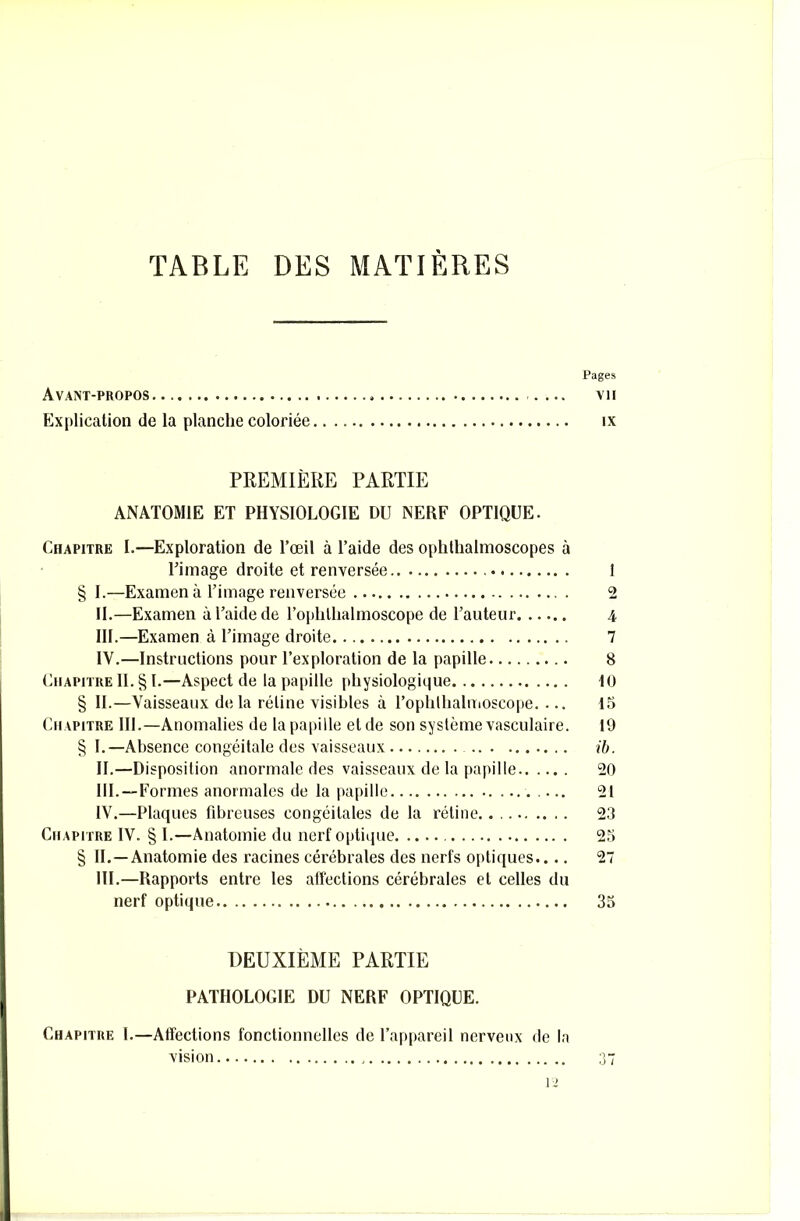 TABLE DES MATIÈRES Pages Avant-propos .... vu Explication de la planche coloriée îx PREMIÈRE PARTIE ANATOMIE ET PHYSIOLOGIE DU NERF OPTIQUE. Chapitre I.—Exploration de l’œil à l’aide des ophthalmoscopes à l’image droite et renversée 1 § I.—Examen à l’image renversée 2 II. —Examen à l’aide de l’ophlhalmoscope de l’auteur 4 III. —Examen à l’image droite 7 IY.—Instructions pour l’exploration de la papille 8 Chapitre II. § I.—Aspect de la papille physiologique 10 § II.—Vaisseaux delà rétine visibles à l’ophlhalmoscope. ... 15 Ch apitre III.—Anomalies de la papille et de son système vasculaire. 19 § I.—Absence congéitale des vaisseaux ib. II. —Disposition anormale des vaisseaux de la papille 20 III. -F ormes anormales de la papille 21 IV. —Plaques fibreuses congéitales de la rétine. 23 Chapitre IV. § I.—Anatomie du nerf optique 25 § IL—Anatomie des racines cérébrales des nerfs optiques.... 27 III.—Rapports entre les affections cérébrales et celles du nerf optique 35 DEUXIÈME PARTIE PATHOLOGIE DU NERF OPTIQUE. Chapitre I.—Affections fonctionnelles de l’appareil nerveux de la vision 37 12