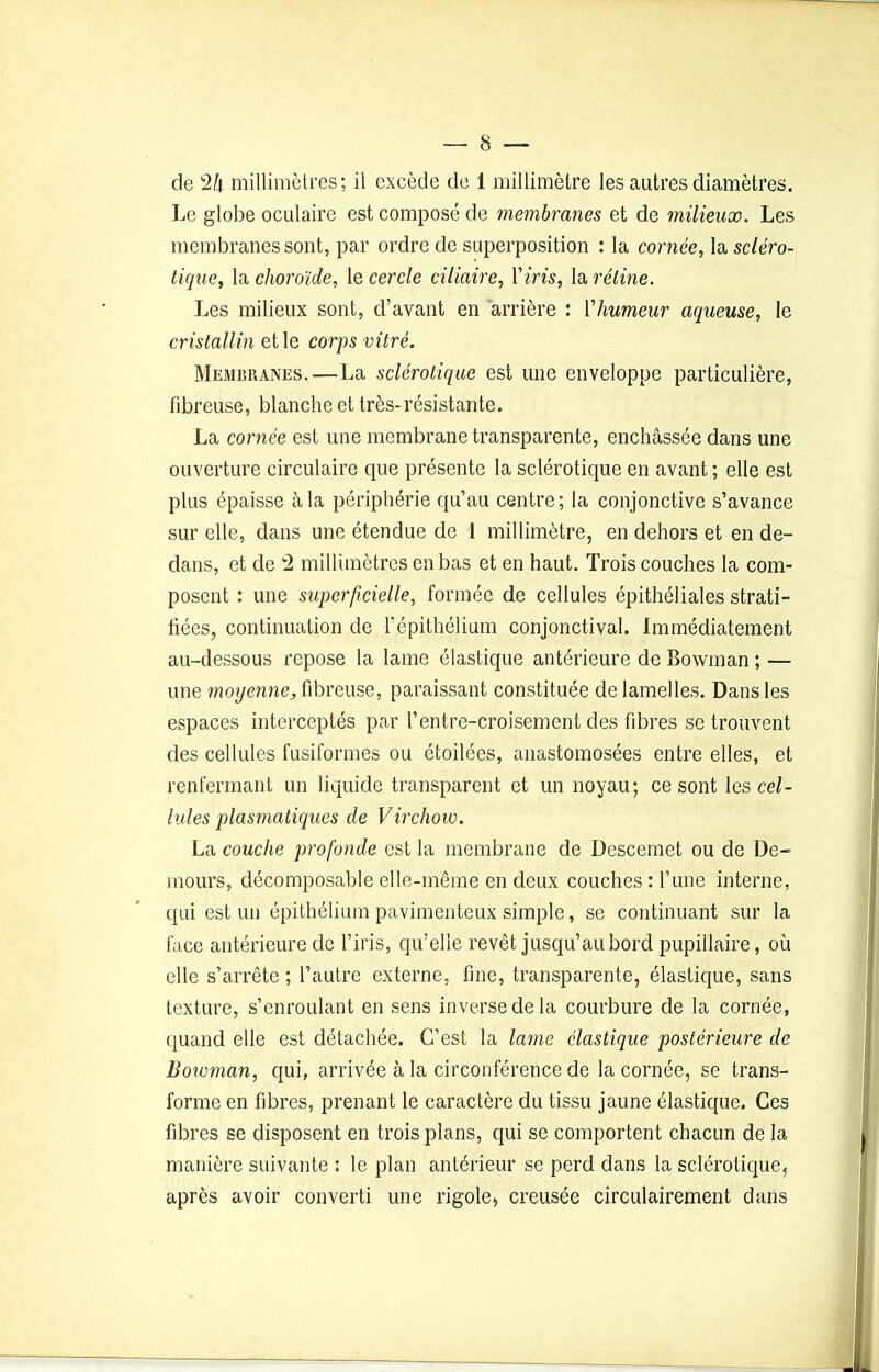 de 2k millimètres; il excède de 1 millimètre les autres diamètres. Le globe oculaire est composé de membranes et de milieux. Les membranes sont, par ordre de superposition : la cornée, la scléro- tique, la choroïde, le cercle ciliaire, Y iris, la rétine. Les milieux sont, d’avant en arrière : Yhumeur aqueuse, le cristallin et le corps vitré. Membranes.—La sclérotique est une enveloppe particulière, fibreuse, blanche et très-résistante. La cornée est une membrane transparente, enchâssée dans une ouverture circulaire que présente la sclérotique en avant ; elle est plus épaisse à la périphérie qu’au centre; la conjonctive s’avance sur elle, dans une étendue de 1 millimètre, en dehors et en de- dans, et de 2 millimètres en bas et en haut. Trois couches la com- posent : une superficielle, formée de cellules épithéliales strati- fiées, continuation de l’épithélium conjonctival. Immédiatement au-dessous repose la lame élastique antérieure de Bowman ; — une moyenne, fibreuse, paraissant constituée de lamelles. Dans les espaces interceptés par l’entre-croisement des fibres se trouvent des cellules fusiformes ou étoilées, anastomosées entre elles, et renfermant un liquide transparent et un noyau; ce sont les cel- lules plasmatiques de Virchow. La couche profonde est la membrane de Descemet ou de Dé- ni ours, décomposable elle-même en deux couches : l’une interne, qui est un épithélium pavimenteux simple, se continuant sur la face antérieure de l’iris, qu’elle revêt jusqu’au bord pupillaire, où elle s’arrête ; l’autre externe, fine, transparente, élastique, sans texture, s’enroulant en sens inverse de la courbure de la cornée, quand elle est détachée. C’est la lame élastique postérieure de Bowman, qui, arrivée à la circonférence de la cornée, se trans- forme en fibres, prenant le caractère du tissu jaune élastique. Ces fibres se disposent en trois plans, qui se comportent chacun de la manière suivante : le plan antérieur se perd dans la sclérotique, après avoir converti une rigole, creusée circulairement dans