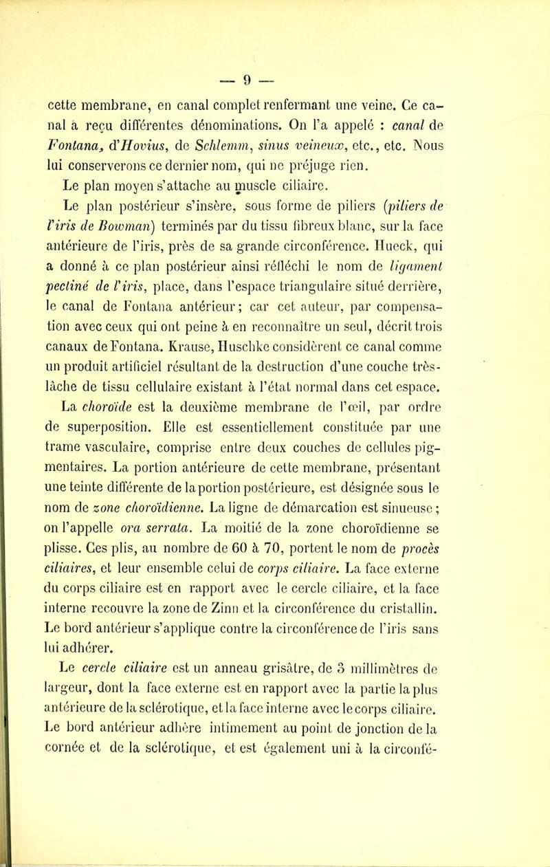 cette membrane, en canal complet renfermant une veine. Ce ca- nal a reçu différentes dénominations. On l’a appelé : canal de Fontana, d'IIovius, de Schlemm, sinus veineux, etc., etc. INous lui conserverons ce dernier nom, qui ne préjuge rien. Le plan moyen s’attache au muscle ciliaire. Le plan postérieur s’insère, sous forme de piliers (piliers de l'iris de Bovoman) terminés par du tissu fibreux blanc, sur la face antérieure de l’iris, près de sa grande circonférence. Ilueck, qui a donné à ce plan postérieur ainsi réfléchi le nom de ligament pecliné de l'iris, place, dans l’espace triangulaire situé derrière, le canal de Fontana antérieur ; car cet auteur, par compensa- tion avec ceux qui ont peine à en reconnaître un seul, décrit trois canaux de Fontana. Krause, Huschke considèrent ce canal comme un produit artificiel résultant de la destruction d’une couche très- lâche de tissu cellulaire existant à l’état normal dans cet espace. La choroïde est la deuxième membrane de l’œil, par ordre de superposition. Elle est essentiellement constituée par une trame vasculaire, comprise entre deux couches de cellules pig- mentaires. La portion antérieure de cette membrane, présentant une teinte différente de la portion postérieure, est désignée sous le nom de zone choroïdienne. La ligne de démarcation est sinueuse ; on l’appelle ora serrata. La moitié de la zone choroïdienne se plisse. Ces plis, au nombre de 60 à 70, portent le nom de procès ciliaires, et leur ensemble celui de corps ciliaire. La face externe du corps ciliaire est en rapport avec le cercle ciliaire, et la face interne recouvre la zone de Zinn et la circonférence du cristallin. Le bord antérieur s’applique contre la circonférence de l’iris sans lui adhérer. Le cercle ciliaire est un anneau grisâtre, de o millimètres de largeur, dont la face externe est en rapport avec la partie la plus antérieure de la sclérotique, et la face interne avec le corps ciliaire. Le bord antérieur adhère intimement au point de jonction de la cornée et de la sclérotique, et est également uni à la circonfé-