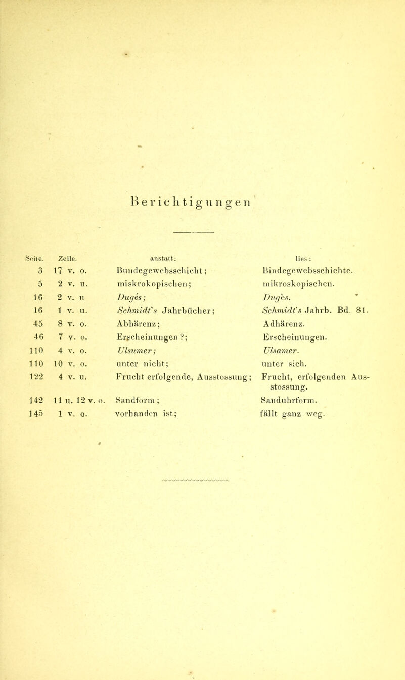 Seite. 3 5 16 16 45 46 110 110 122 142 145 B e r i c h t i g u n g e n Zeile. anstatt: lies : 17 v. 0. Bundegewebsschicht; Bindege websschichte. 2 v. u. miskrokopischen; mikroskopischen. 2 v. 11 Duges; Duges. 1 Y. u. Schmidt's Jahrbücher; Schmidt's Jahrb. Bd. 81. 8 v. 0. Abhärenz; Adhärenz. 7 v. 0. Ergeheinungen ?; Erscheinungen. 4 v. 0. Ulsumer ; Ulsamer. 10 v. 0. unter nicht; unter sich. 4 v. u. Frucht erfolgende, Ausstossung; Frucht, erfolgenden Aus- stossung. 11 u. 12 v. o. Sandform; Sanduhrform. 1 v. 0. vorhanden ist; fällt ganz weg.