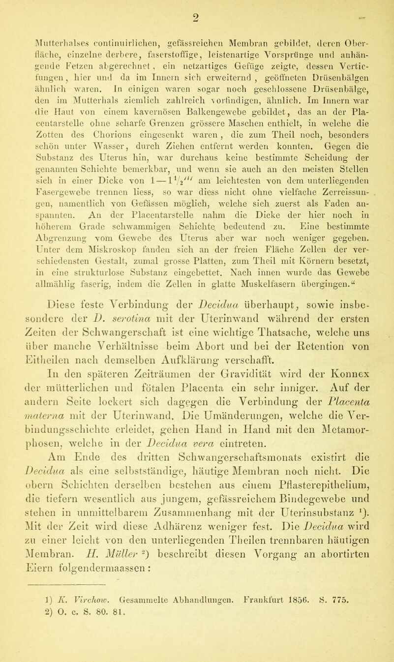 Mutterhalses continuirlichen, gefässreichen Membran gebildet, deren Ober- fläche, einzelne derbere, faserstoffige, leistenartige Vorsprünge und anhän- gende Fetzen abgerechnet, ein netzartiges Gefüge zeigte, dessen Vertie- fungen, hier und da im Innern sich erweiternd, geöffneten Drüsenbälgen ähnlich waren. In einigen waren sogar noch geschlossene Drüsenbälge, den im Mutterhals ziemlich zahlreich vorfindigen, ähnlich. Im Innern war die Haut von einem kavernösen Balkengewebe gebildet, das an der Pla- centarstelle ohne scharfe Grenzen grössere Maschen enthielt, in welche die Zotten des Chorions eingesenkt waren, die zum Theil noch, besonders schön unter Wasser, durch Ziehen entfernt werden konnten. Gegen die Substanz des Uterus hin, war durchaus keine bestimmte Scheidung der genannten Schichte bemerkbar, und wenn sie auch an den meisten Stellen sich in einer Dicke von 1 —11/2/// am leichtesten von dem unterliegenden Fasergewebe trennen liess, so war dress nicht ohne vielfache Zerreissun- gen, namentlich von Gefässen möglich, welche sich zuerst als Faden an- spannten. An der Placentarstelle nahm die Dicke der hier noch in höherem Grade schwammigen Schichte bedeutend zu. Eine bestimmte Abgrenzung vom Gewebe des Uterus aber war noch weniger gegeben. Unter dem Miskroskop fanden sich an der freien Fläche Zellen der ver- schiedensten Gestalt, zumal grosse Platten, zum Theil mit Körnern besetzt, in eine strukturlose Substanz eingebettet. Nach innen wurde das Gewebe allmählig faserig, indem die Zellen in glatte Muskelfasern übergingen.“ Diese feste Verbindung der Decidua überhaupt, sowie insbe- sondere der D. serotina mit der Uterinwand während der ersten Zeiten der Schwangerschaft ist eine wichtige Thatsache, welche uns über manche Verhältnisse beim Abort und bei der Retention von Eitheilen nach demselben Aufklärung verschafft. In den späteren Zeiträumen der Gravidität wird der Konnex der mütterlichen und fötalen Placenta ein sehr inniger. Auf der andern Seite lockert sich dagegen die Verbindung der Placenta materna mit der Uterinwand. Die Umänderungen, welche die Ver- bindungsschichte erleidet, gehen Hand in Hand mit den Metamor- phosen, welche in der Decidua vera eintreten. Am Ende des dritten Schwangerschaftsmonats existirt die Decidua als eine selbstständige, häutige Membran noch nicht. Die obern Schichten derselben bestehen aus einem Pflasterepithelium, die tiefem wesentlich aus jungem, gefässreichem Bindegewebe und stehen in unmittelbarem Zusammenhang mit der Uterinsubstanz x). Mit der Zeit wird diese Adhärenz weniger fest. Die Decidua wird zu einer leicht von den unterliegenden Th eilen trennbaren häutigen Membran. H. Müller 2) beschreibt diesen Vorgang an abortirten Eiern folgendermaassen : 1) K. Virchoiv. Gesammelte Abhandlungen. Frankfurt 1856. S. 775. 2) O. c. S. 80. 81.