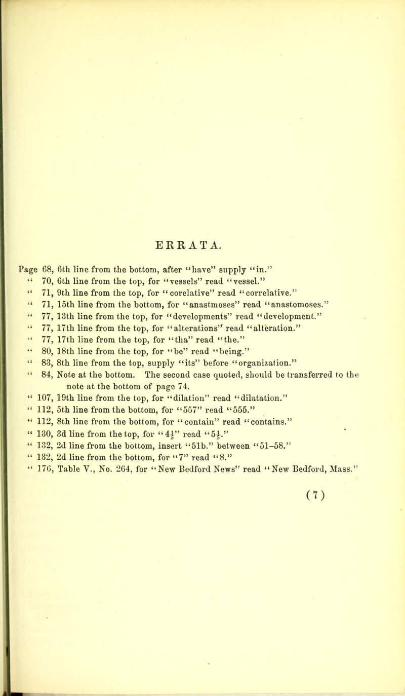 ERRATA. Page 68, 6th line from the bottom, after “have” supply “in.” “ 70, 6th line from the top, for “vessels” read “vessel.” “ 71, 9th line from the top, for “corelative” read “correlative.” “ 71, 15th line from the bottom, for “anastmoses” read “anastomoses.” “ 77, 13th line from the top, for “developments” read “development.” “ 77, 17th line from the top, for “alterations” read “alteration.” “ 77, 17th line from the top, for “tha” read “the.” “ 80, 18th line from the top, for “be” read “being.” “ 83, 8th line from the top, supply “its” before “organization.” “ 84, Note at the bottom. The second case quoted, should be transferred to the note at the bottom of page 74. “ 107, 19th line from the top, for “dilation” read “dilatation.” “ 112, 5th line from the bottom, for “557” read “555.” “ 112, 8th line from the bottom, for “contain” read “contains.” “ 130, 3d line from the top, for “4£” read “5£.” “ 132, 2d line from the bottom, insert “51b.” between “51-58.” “ 132, 2d line from the bottom, for “7” read “8.” “ 176, Table V., No. 264, for “New Bedford News” read “New Bedford, Mass.” (T)