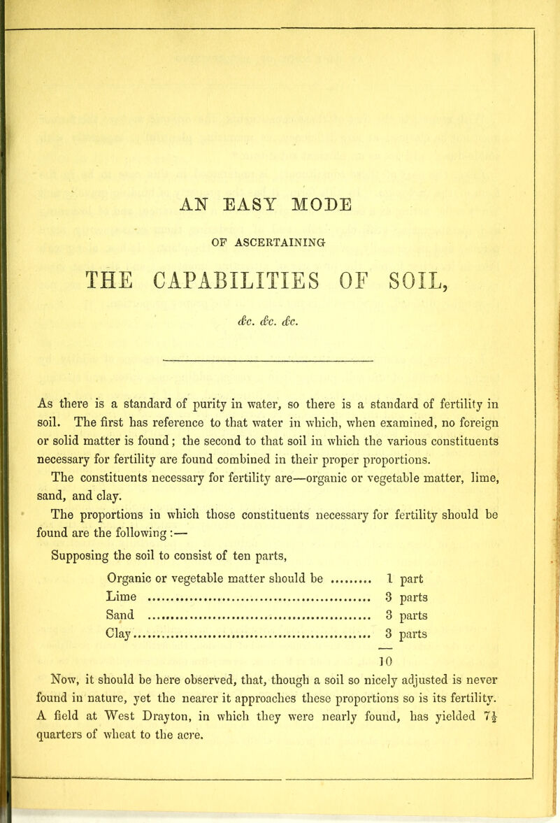 OP ASCERTAINING THE CAPABILITIES OF SOIL, Sc. Sc. Sc. As there is a standard of purity in water, so there is a standard of fertility in soil. The first has reference to that water in which, when examined, no foreign or solid matter is found; the second to that soil in which the various constituents necessary for fertility are found combined in their proper proportions. The constituents necessary for fertility are—organic or vegetable matter, lime, sand, and clay. The proportions in which those constituents necessary for fertility should be found are the following Supposing the soil to consist of ten parts, Organic or vegetable matter should be 1 part Lime . 3 parts Sand 3 parts Clay 3 parts 10 Now, it should be here observed, that, though a soil so nicely adjusted is never found in nature, yet the nearer it approaches these proportions so is its fertility. A field at West Drayton, in which they were nearly found, has yielded quarters of wheat to the acre.