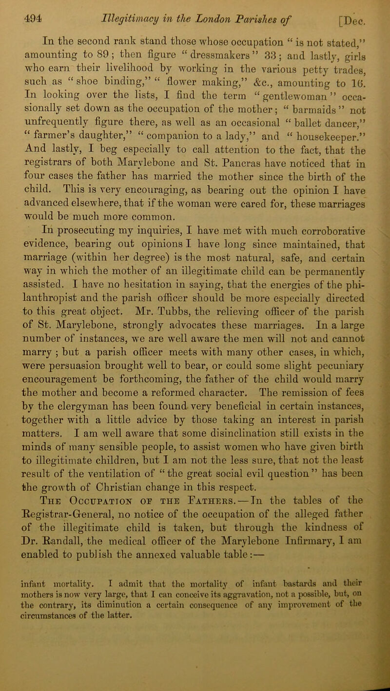 In the second rank stand those whose occupation “ is not stated,” amounting to 89 ; then figure “dressmakers” 33; and lastly, girls who earn their livelihood by working in the various petty trades, such as “ shoe binding,” “ flower making,” &c., amounting to 10. In looking over the lists, I find the term “gentlewoman” occa- sionally set down as the occupation of the mother; “ barmaids ” not unfrequently figure there, as well as an occasional “ ballet dancer,” “ farmer’s daughter,” “ companion to a lady,” and “housekeeper.” And lastly, I beg especially to call attention to the fact, that the registrars of both Marylebone and St. Pancras have noticed that in four cases the father has married the mother since the birth of the child. This is very encouraging, as bearing out the opinion I have advanced elsewhere, that if the woman were cared for, these marriages would be much more common. In prosecuting my inquiries, I have met with much corroborative evidence, bearing out opinions I have long since maintained, that marriage (within her degree) is the most natural, safe, and certain way in which the mother of an illegitimate child can be permanently assisted. I have no hesitation in saying, that the energies of the phi- lanthropist and the parish officer should be more especially directed to this great object. Mr. Tubbs, the relieving officer of the parish of St. Marylebone, strongly advocates these marriages. In a large number of instances, we are well aware the men will not and cannot marry ; but a parish officer meets with many other cases, in which, were persuasion brought well to bear, or could some slight pecuniary encouragement be forthcoming, the father of the child would marry the mother and become a reformed character. The remission of fees by the clergyman has been found very beneficial in certain instances, together with a little advice by those taking an interest in parish matters. I am well aware that some disinclination still exists in the minds of many sensible people, to assist women who have given birth to illegitimate children, but I am not the less sure, that not the least result of the ventilation of “the great social evil question” has been the growth of Christian change in this respect. The Occupation oe the Fathers. — In the tables of the [Registrar-General, no notice of the occupation of the alleged father of the illegitimate child is taken, but through the kindness of Dr. Randall, the medical officer of the Marylebone Infirmary, I am enabled to publish the annexed valuable table:— infant mortality. I admit that the mortality of infant hastards and their mothers is now very large, that I can conceive its aggravation, not a possible, but, on the contrary, its diminution a certain consequence of any improvement of the circumstances of the latter.