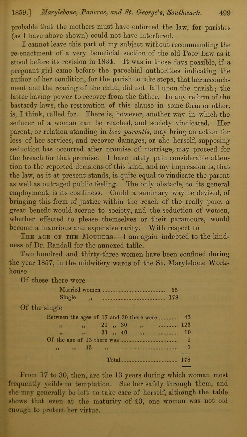 probable that the mothers must have enforced the law, for parishes (as I hare above shown) could not have interfered. I cannot leave this part of my subject without recommending the re-enactment of a very beneficial section of the old Poor Law as it stood before its revision in 1834. It was in those days possible, if a pregnant girl came before the parochial authorities indicating the author of her condition, for the parish to take steps, that her accouch- ment and the rearing of the child, did not fall upon the parish; the latter having power to recover from the father. In any reform of the bastardy laws, the restoration of this clause in some form or other, is, I think, called for. There is, however, another way in which the seducer of a woman can be reached, and society vindicated. Her parent, or relation standing in loco 'parentis, may bring an action for loss of her services, and recover damages, or she herself, supposing seduction has occurred after promise of marriage, may proceed for the breach for that promise. I have lately paid considerable atten- tion to the reported decisions of this kind, and my impression is, that the law, as it at present stands, is quite equal to vindicate the parent as well as outraged public feeling. The only obstacle, to its general employment, is its costliness. Could a summary way be devised, of bringing this form of justice within the reach of the really poor, a great benefit would accrue to society, and the seduction of women, whether effected to please themselves or their paramours, would become a luxurious and expensive rarity. With respect to The age oe the Mothebs.—I am again indebted to the kind- ness of Dr. Eandall for the annexed table. Two hundred and thirty-three women have been confined during the year 1857, in the midwifery wards of the St. Marylebone Work- house Of these there were Married women 55 Single ,, 178 Of the single Between the ages of 17 and 20 there were 43 „ „ 21 „ 30 123 „ 31 „ 40 10 Of the age of 13 there was 1 n >1 43 ,, 1 Total 178 From 17 to 30, then, are the 13 years during which woman most frequently yeilds to temptation. See her safely through them, and she may generally be left to take care of herself, although the table shows that even at the maturity of 43, one woman was not old enough to protect her virtue.