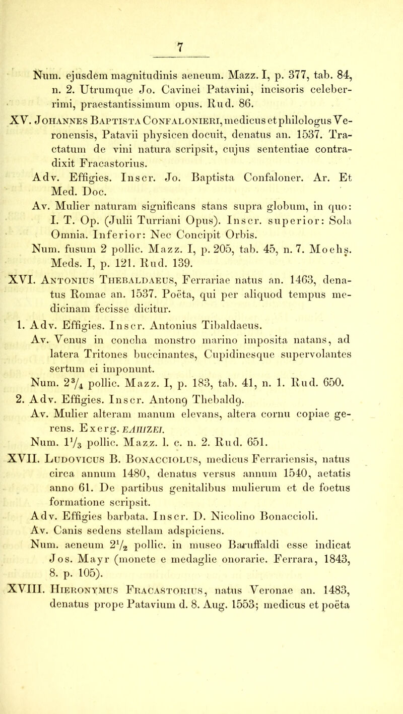 Num. ejusdem magnitudinis aeneum. Mazz. I, p. 377, tab. 84, n. 2. Utrumque Jo. Cavinei Patavini, incisoris celeber- rimi, praestantissimum opus. Rud. 86. XV. JoHANNES Baptista CoNFALONiERi, medicus et philologus Ve- ronensis, Patavii physicen docuit, denatus an. 1537. Tra- ctatum de vini natura scripsit, cujus sententiae contra- dixit Fracastorius. Adv. Effigies. Inscr. Jo. Baptista Confaloner. Ar. Et Med. Doc. Av. Mulier naturam significans stans supra globum, in quo: I. T. Op. (Julii Turriani Opus). Inscr. superior: Sola Omnia. Inferior: Nec Concipit Orbis. Num. fusum 2 pollic. Mazz. I, p. 205, tab. 45, n. 7. Moehs. Meds. I, p. 121. Rud. 139. XVI. Antonius Thebaldaeus, Ferrariae natus an. 1463, dena- tus Romae an. 1537. Poeta, qui per aliquod tempus me- dicinam fecisse dicitur. 1. Adv. Effigies. Inscr. Antonius Tibaldaeus. Av. Venus in concha monstro marino imposita natans, ad latera Tritones buccinantes. Cupidinesque supervolantes sertum ei imponunt. Num. 2^4 pollic. Mazz. I, p. 183, tab. 41, n. 1. Rud. 650. 2. Adv. Effigies. Inscr. Antonq Thebaldq. Av. Mulier alteram manum elevans, altera cornu copiae ge- rens. Exerg. EviJT/ZE/. Num. IV3 pollic. Mazz. 1. c. n. 2. Rud. 651. XVII. Ludovicus B. Bonacciolus, medicus Ferrariensis, natus circa annum 1480, denatus versus annum 1510, aetatis anno 61. De partibus genitalibus mulierum et de foetus formatione scripsit. Adv. Effigies barbata. Inscr. I). Nicolino Bonaccioli. Av. Canis sedens stellam adspiciens. Num. aeneum 2V2 pollic. in museo Baruftaldi esse indicat Jos. Mayr (monete e medaglie onorarie. Ferrara, 1843, 8. p. 105). XVIII. Hieronymus Fracastorius, natus Veronae an. 1483, denatus prope Patavium d. 8. Aug. 1553; medicus et poeta