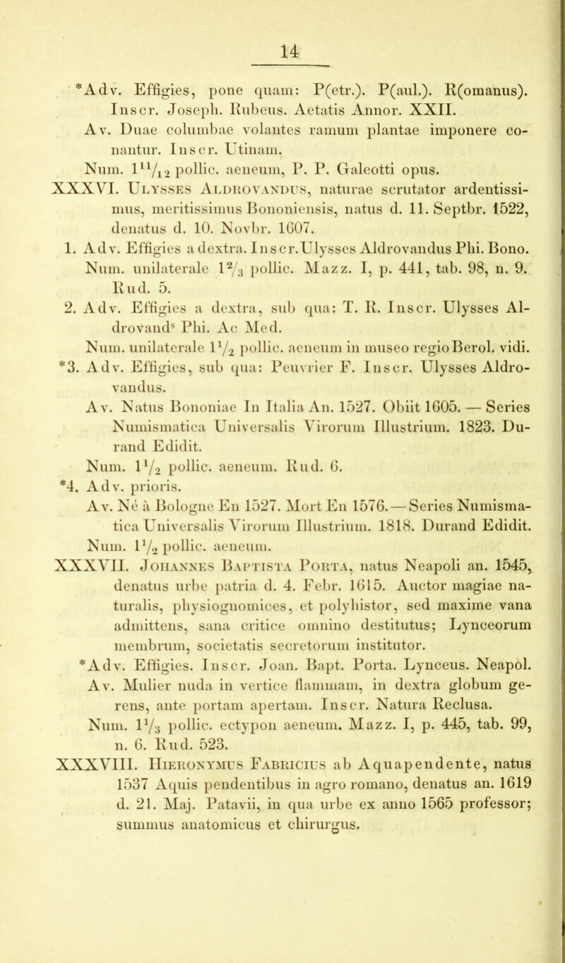 *Adv. Effigies, pone quam: P(etr.). P(auL). P(oinanus). Inscr. Josepli. Rubeus. Aetatis Auuor. XXII. Av. Duae columbae volantes ramum plautae imponere co- nantur. Inscr. Utinam. t Num. D^/i2 pollic. aeneum, P. P. Galeotti opus. XXXVI. Ulysses Alduovaxdus, naturae scrutator ardentissi- mus, meritissimus Bononiensis, natus d. ll.Septbr. 1522, denatus d. 10. Xovbr. 1607. 1. Adv. Effigies a dextra. Inscr.Ulysses Aldrovandus Plii. Bono. Num. unilaterale D/j pollic. Mazz. I, p. 441, tab. 98, n. 9. Rud. 5. 2. Adv. Effigies a dextra, sub qua: T. R. Inscr. Ulysses Al- drovand® Phi. Ac ^led. Num. unilaterale 1Y2 pollic. aeneum in museo regioBerol. vidi. *3. Adv. Effigies, sub qua: Peuvrier E. Inscr. Ulysses Aldro- vandus. Av. Natus Bononiae In Italia An. 1527. Obiit 1605. — Series Numismatica Universalis Virorum Illustrium. 1823. Du- rand Edidit. Num. 1Y2 pollic. aeneum. Rud. 6. *4. Adv. prioris. Av. Ne ii Bologne En 1527. Mort En 1576. — Series Numisma- tica Universalis Virorum Illustrium. 1818. Durand Edidit. Num. U/‘2 pollic. aeneum. XXXVII. JoiiANNES Baptista Pouta, natus Neapoli an. 1545, denatus urlie patria d. 4. Eebr. 1615. Auctor magiae na- turalis, pliysiognomices, et polyhistor, sed maxime vana admittens, sana critice omnino destitutus; Lynceorum membrum, societatis secretorum institutor. *Adv. Effigies. Inscr. Joan. Bapt. Porta. Lynceus. Neapol. Av. Mulier nuda in vertice flammam, in dextra globum ge- rens, ante portam apertam. Inscr. Natura Reclusa. Num. U/a pollic. ectypon aeneum. Mazz. I, p. 445, tab. 99, n. 6. Rud. 523. XXXVIII. Hieronymus Fabricius ab Aquapendente, natus 1537 Aquis pendentibus in agro romano, denatus an. 1619 d. 21. Maj. Patavii, in qua urbe ex anno 1565 professor; summus anatomicus et chirurgus.