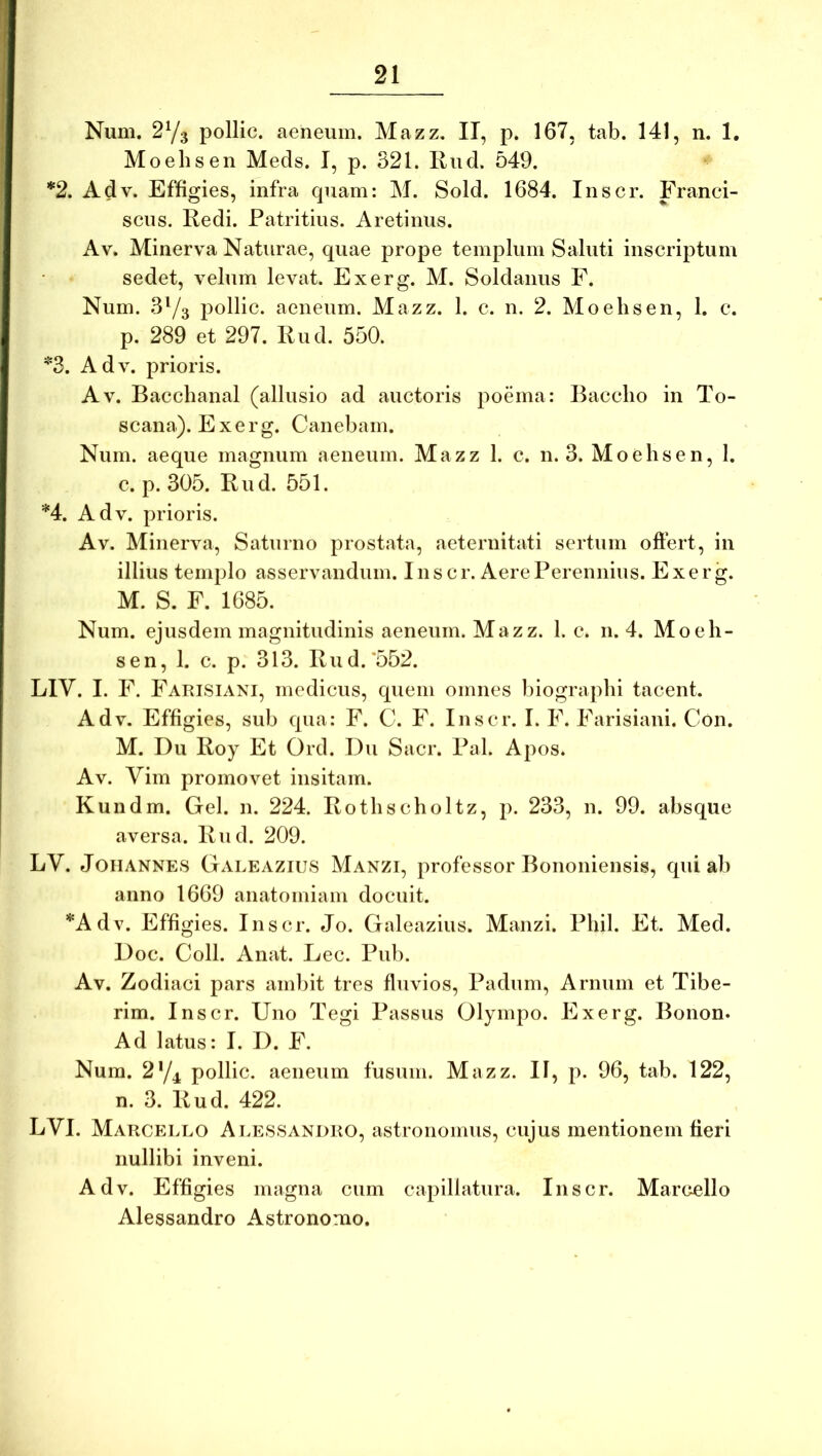 Num. 2Y3 pollic. aeneum. Mazz. II, p. 167, tab. 141, n. 1. Moehsen Meds. I, p. 321. Rud. 549. *^2. Adv. Effigies, infra quam: M. Sold. 1684. Inscr. Franci- scus. Redi. Patritius. Aretinus. Av. Minerva Naturae, quae prope templum Saluti inscriptum sedet, velum levat. Exerg. M. Soldanus F. Num. SVs pollic. aeneum. Mazz. 1. c. n. 2. Moehsen, 1. c. р. 289 et 297. Rud. 550. '^3. Adv. prioris. Av. Bacchanal (allusio ad auctoris poema: Baccho in To- scana). Exerg. Canebam. Num. aeque magnum aeneum. Mazz 1. c. n. 3. Moehsen, 1. с. p. 305. Rud. 551. *4. Adv. prioris. Av. Minerva, Saturno prostata, aeternitati sertum oftert, in illius templo asservandum. I n s c r. Aere Perennius. Exerg. M. S. F. 1685. Num. ejusdem magnitudinis aeneum. Mazz. 1. c. n. 4. Moeh- sen, 1. c. p. 313. Rud.'552. LIY. I. F. Farisiani, medicus, quem omnes hiographi tacent. Adv. Effigies, sub qua: F. C. F. Inscr. I. F. Farisiani. Con. M. Du Roy Et Ord. Du Sacr. Pal. Apos. Av. Vim promovet insitam. Kundm. Gei. n. 224. Rothscholtz, p. 233, n. 99. absque aversa. Rud. 209. LV. JoHANNES Galeazius Manzi, professor Boiioiiiensis, qui ab anno 1669 anatomiam docuit. *Adv. Effigies. Inscr. Jo. Galeazius. Manzi. Phil. Et. Med. Doc. Coli. Anat. Lee. Pub. Av. Zodiaci pars ambit tres fluvios, Padum, Arnum et Tibe- rim. Inscr. Uno Tegi Passus Olympo. Exerg. Bonon. Ad latus: I. D, F. Num. 2*/^ pollic. aeneum fusum. Mazz. II, p. 96, tab. 122, n. 3. Rud. 422. LVI. Marcello Alessandro, astronomus, cujus mentionem fieri nullibi inveni. Adv. Effigies magna cum capillatura. Inscr. Marcello Alessandro Astronomo.