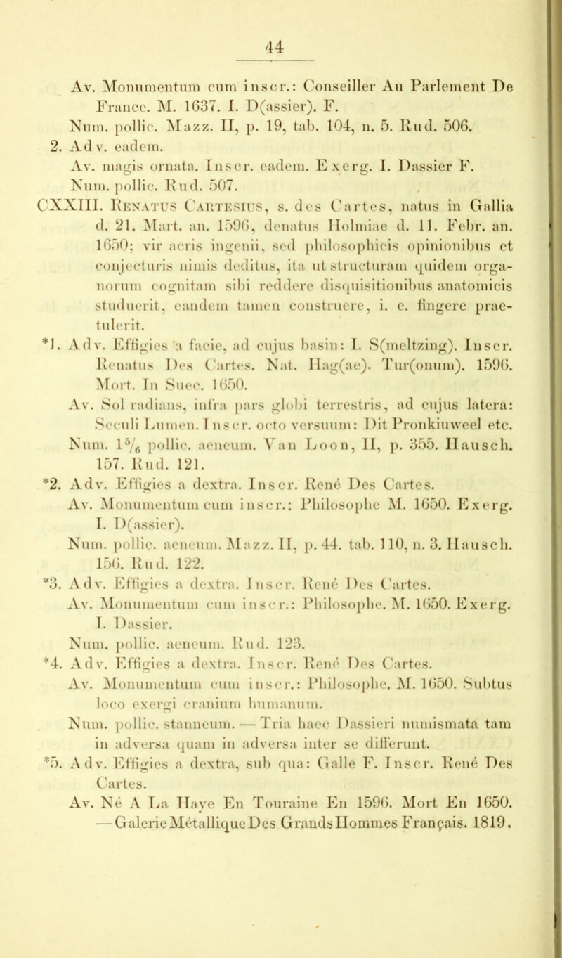 Av. IMoimnieiitum cnm iiiscr.: Coiiseiller Au Parlemeiit De France. 1637. I. D(assier). F. Niun. pollic. Mazz. II, p. 19, tab. 104, ii. 5. Uiul. 506. 2. Adv. eadem. Av. iiumis ornata. Iiiscr. eadem. Exert»;. I. Dassier F. Niim. pollic. Ivud. 507. CXXIII. Kexatus C'autesius, s. des Cartes, natus in Gallia d. 21. Mart. an. 1506, denatns Ilolmiae d. 11. Febr. an. 1650; vir acris inii^cnii, sed [)lnloso})hicis oj)inionibns et conjecturis nimis deditus, ita nt structuram quidem orga- norum cognitam sibi reddere dis(|nisitionibns anatomicis studuerit, eandem tamen construere, i. c. lingere prae- tulerit. *J. Adv. Effigies':i facie, ad cujus basin: I. S(meltzing). Inscr. lienatus Des Cbirtes. Nat. llag(ae). Tur(onum). 1596. ^lort. In Suec. 1650. Av. Sol radians, infra [>ars globi terrestris, ad cujus latera: Seculi Lumen. I nscr. octo versuum: Dit Pronkiuweel etc. Num. 1^6 pollic. aeneum. Xiin Loon, II, p. 355. llauscli. 157. Ivud. 121. *2. Adv. Efligies a dextra. Inscr. Rene Des C’artes. Av. Monumentum cum inscr.: Pl)ilosoi)he M. 1650. Exerg. 1. D(assier). Num. pollic. aeneum.Mazz.il, }). 44. tab. 110, n. 3. llausch. 15(i. Rud. 122. *3. Adv. Effigies a dextra. Inscr. C> Av. ]\I()nnmentum cum inscr.: 1. Dassier. Rene Des Gartes. Pliilosopbe. M. K)50. Exerg. Num. pollic. aeneum. Rud. 123. *4. Adv. Effigies a dextra. Inscr. Rene Des (birtes. Av. Monumentum cum inscr.: Pbilosoj)lic. M. 1650. Subtus loco exergi cranium Immannm. Num. pollic. stanneum. — Tria haec. Dassieri numismata tam in adversa (piam in adversa inter se differunt. *5. Adv. Effigies a dextra, sub (pia: Galle F. Inscr. Rene Des C artes. Av. N(3 a La Ilave En Touraine En 1596. Mort En 1650. — GalerieAletallicjueDes Graudsllommes JbTan^ais. 1819.