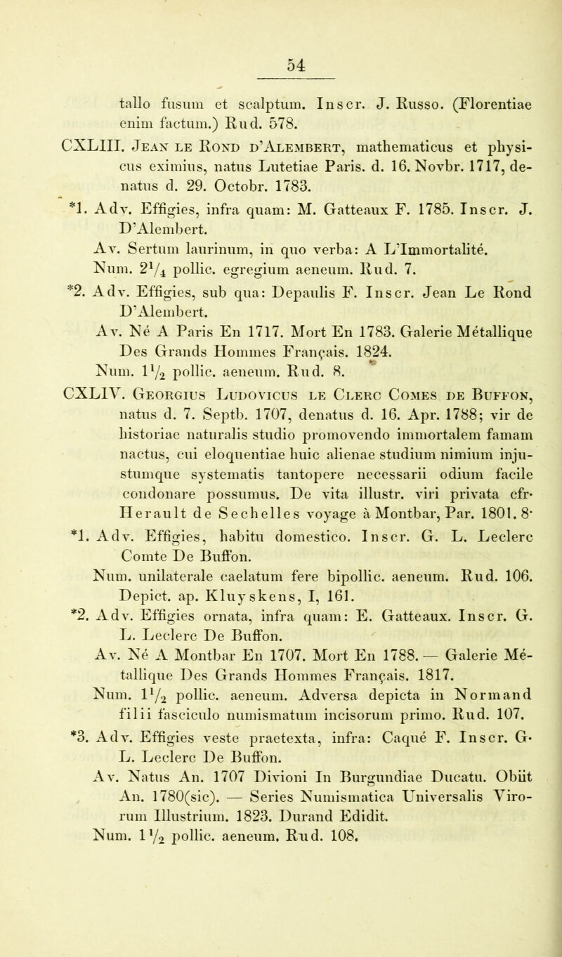talio fusum et scalptum. Inscr. J. Russo. (Florentiae enim factum.) Rud. 578. CXLIII. Jeax le Roxd d’Alembert, mathematicus et physi- cus eximius, natus Lutetiae Paris, d. 16. Novbr. 1717, de- natus d. 29. Octobr. 1783. '^l. Adv. Effigies, infra quam: M. Gatteaux F. 1785. Inscr. J. D’Alembert. Av. Sertum laurinum, in quo verba: A L’Immortalite. Num. 2^/4 pollic. egregium aeneum. Rud. 7. *2. Adv. Effigies, sub qua: Depaulis F. Inscr. Jean Le Rond D’Alembert. Av. Xe A Paris En 1717. Mort En 1783. Galerie Metallique D es Grands Homines Francais. 1824. Num. H/2 pollic. aeneum. Rud. 8. CXLIY. Georgius Ludovicus le Clerc Comes de Buffon, natus d. 7. Septb. 1707, denatus d. 16. Apr. 1788; vir de historiae naturalis studio promovendo immortalem famam nactus, cui eloquentiae huic alienae studium nimium inju- stumque systematis tantopere necessarii odium facile condonare possumus. De vita illustr. viri privata cfr* II er au It de Sechelles voyage a Montbar, Par. 1801. 8‘ *1. Adv. Effigies, habitu domestico. Inscr. G. L. Leclerc Comte De Buffon. Num. unilaterale caelatum fere bipollic. aeneum. Rud. 106. Depict. ap. Kluyskens, I, 161. *2. Adv. Effigies ornata, infra quam: E. Gatteaux. Inscr. G. L. Leclerc De Buffon. Av. Ne A Montbar En 1707. Mort En 1788.— Galerie Me- tallique Des Grands Homines Francais. 1817. Num. 1^/2 pollic. aeneum. Adversa depicta in Normand filii fasciculo numismatum incisorum primo. Rud. 107. *3. Adv. Effigies veste praetexta, infra: Caque F. Inscr. G« L. Leclerc De Buffon. Av. Natus An. 1707 Divioni In Burijuudiae Ducatu. Obiit An. I780(sic). — Series Numismatica Universalis Viro- rum Illustrium. 1823. Durand Edidit. Num. 0/2 pollic. aeneum. Riid. 108,