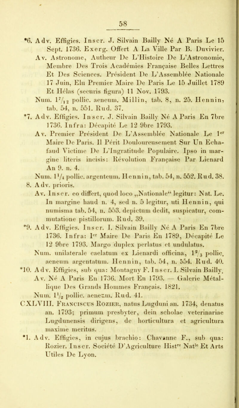 •6. Adv. Effigies. Inscr. J. Silvain Bailly Ne A Paris Le 15 Sept. 173G. Exerg. Offert A La Ville Par B. Duvivier. A\. Astronome, Aiitheiir De L’IIistoire De L’Astronoiiue, Membre Des Trois Acadtbiiies Fran^aise Belles Lettres Et Des Sciences. President De L’Asseinblee Nationale 17 «Tuin, Elu Preinier Maire De Paris De 15 Juillet 1789 Et llelas (securis figura) 11 Nov. 1793. Nuin. D/ri pollic. aencuin. Miliin, tab. 8, n. 25. IIennin? tab. 54, n. 551. Kiid. 37. *1, Adv. Elfigies. Inscr. »1. Silvain Bailly Ne A Paris En 7bre 173G. Infra: DcT*apite Le 12 9bre 1793. Av. Preinier President De L’Asseinblee Nationale Le l®* Maire De Paris. II Pcbit Douloureuseinent Sur Un Echa- faud Victiine De LTngratitude Pojiulaire. Ipso in mar- gine literis incisis: Kevolutiun Fran^*aise Par Lienard An 9. n. 4. Nuin. 1 ‘/4 pollic. argcnteuin. Ilennin, tab. 54, n. 552. Biid. 38. 8. Adv. prioris. Av. Inscr. eo differt, (piod loco „Nationale‘Oegitur: Nat. Le. In margine haud n. 4, sed n. 5 legitur, uti Ilennin, (pii numisma tab. 54, n. 553. depictum dedit, suspicatur, com- mutatione pistillorum. Kud. 39. ' *9. Adv. Effigies. Inscr. I. Silvain Bailly Ne A Paris En 7brc 173G. Infra: I®*’ Maire De Paris En 1789, Dticapitt* Le 12 9bre 1793. Margo duplex perlatus et undulatus. Num. unilaterale caelatum ex Lienardi officina, P 3 jiollic. aeneum argentatum. Ilennin, tab. 54, n. 554. Kud. 40. *10. Adv. Effigies, sub (pia: Montagny F. Inscr. I. Silvain Bailly. Av. Ne A Paris En 173G. Mort En 1793. — Oalerie M(3tal- li(pie Des Graneis Homines Fraipaiis. 1821. Num. D/-, pollic. aener.!!!. Kud. 41. CXLVIII. Franciscus Bozieu, natus Lugduni an. 1734, denatus an. 1793; primum presbyter, dein scholae veterinariae Lugdunensis dirigens, de horticultura et agricultura maxime meritus. *1. Adv. Effigies, in cujus brachio: Chavanne F., sub C(ua: Kozier. Inscr. SocicH(i DWgriculture IlisT® NaG®Et.Arts Utiles De Lyon.